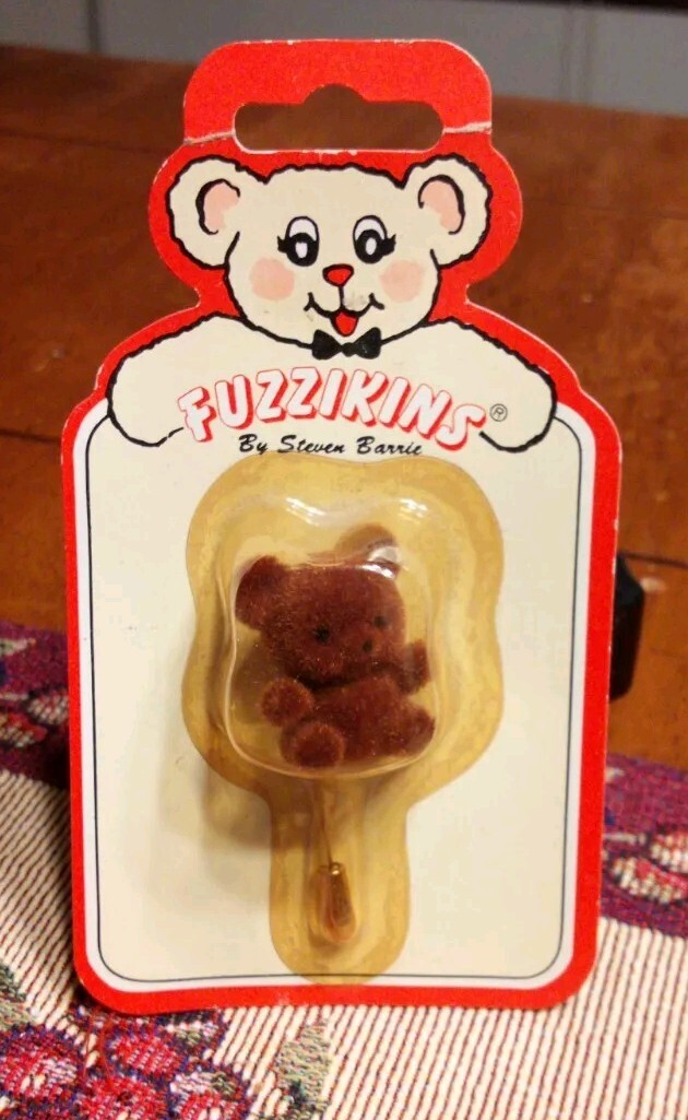 Vintage New 80s Fuzzikins Stick Pin Flocked Dark Brown Bear by Steven Barrie