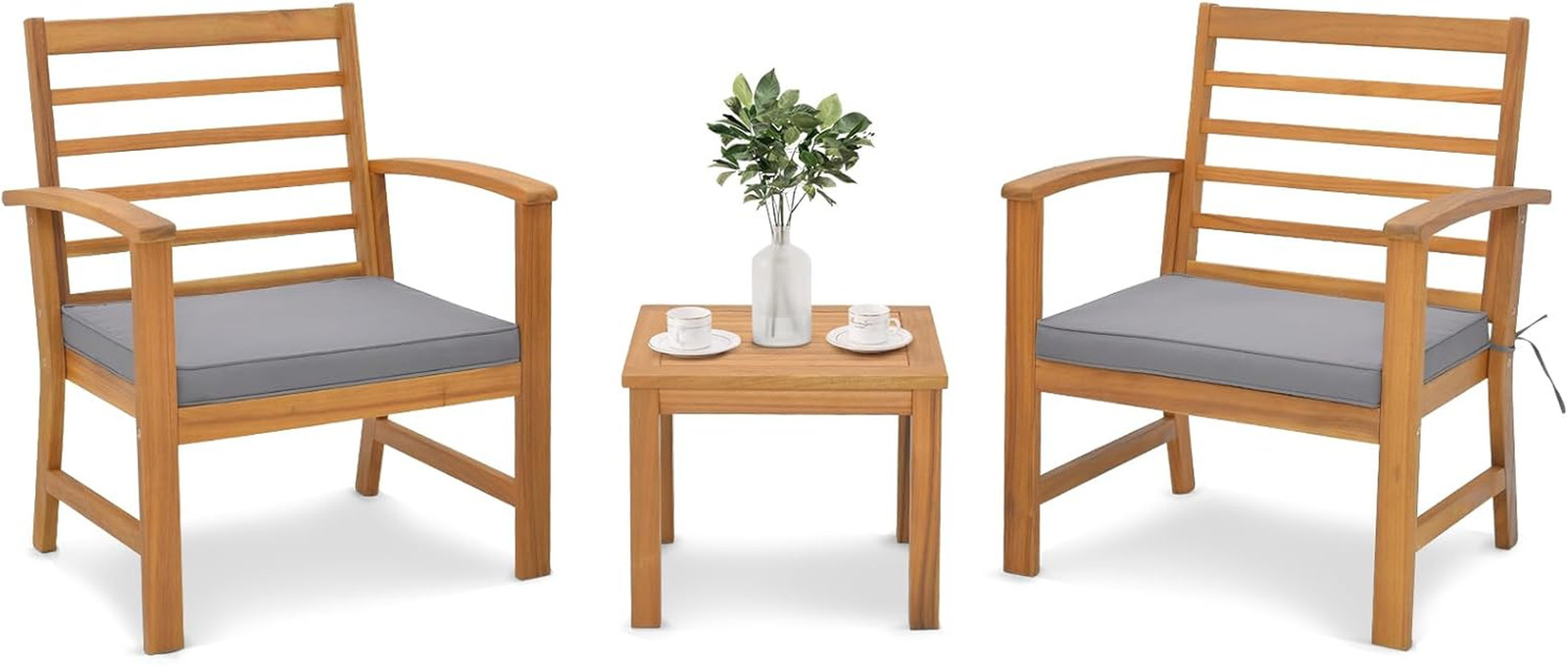 3 Pieces Outdoor Furniture Set, Acacia Wood Conversation Set with Soft Seat Cush