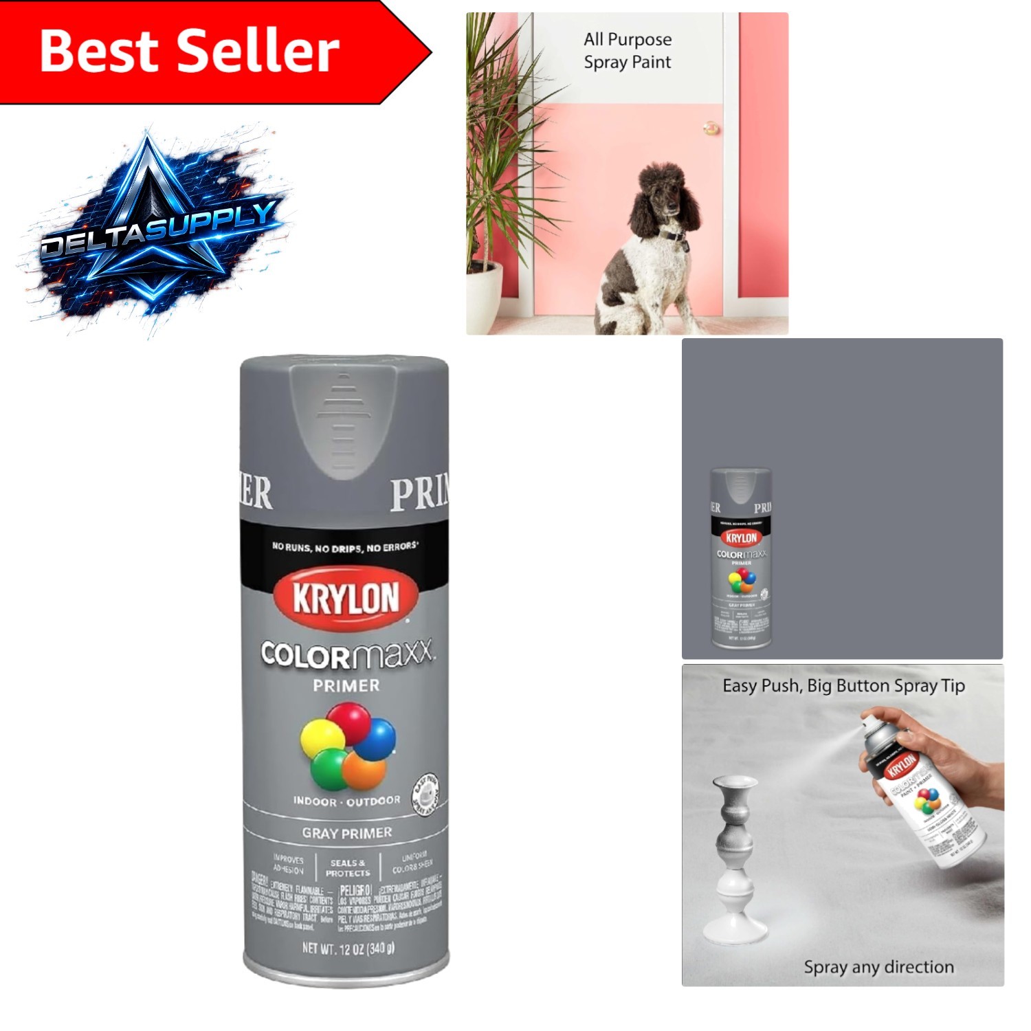 Krylon COLORmaxx Gray Primer Spray Paint, 12 Oz - Fast Drying for Indoor/Outdoor