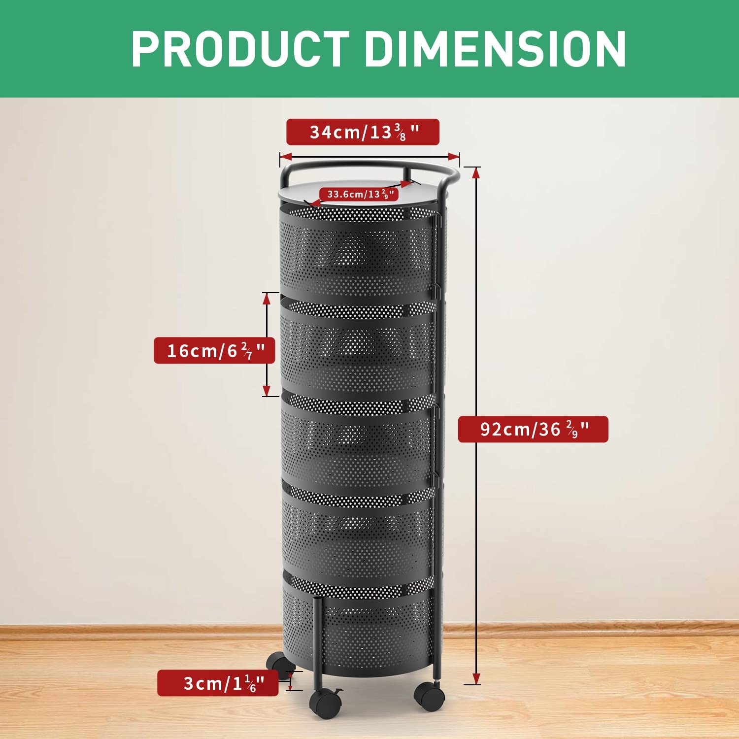 5-Tier Rotating Metal Kitchen Storage Cart on Rolling Wheels Black
