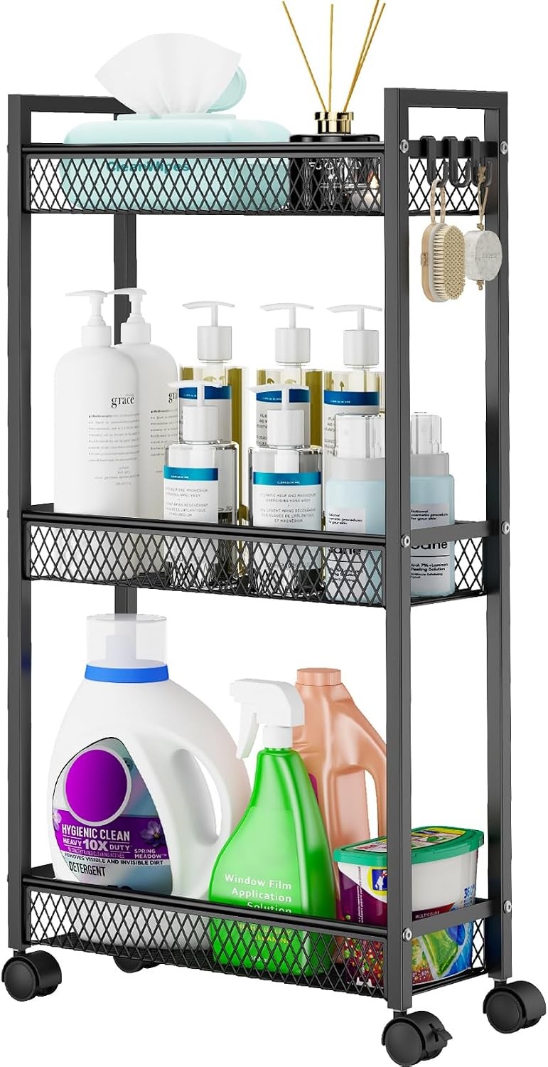 Slim 3-Tier Metal Rolling Cart, Black - Kitchen/Bath/Laundry Storage