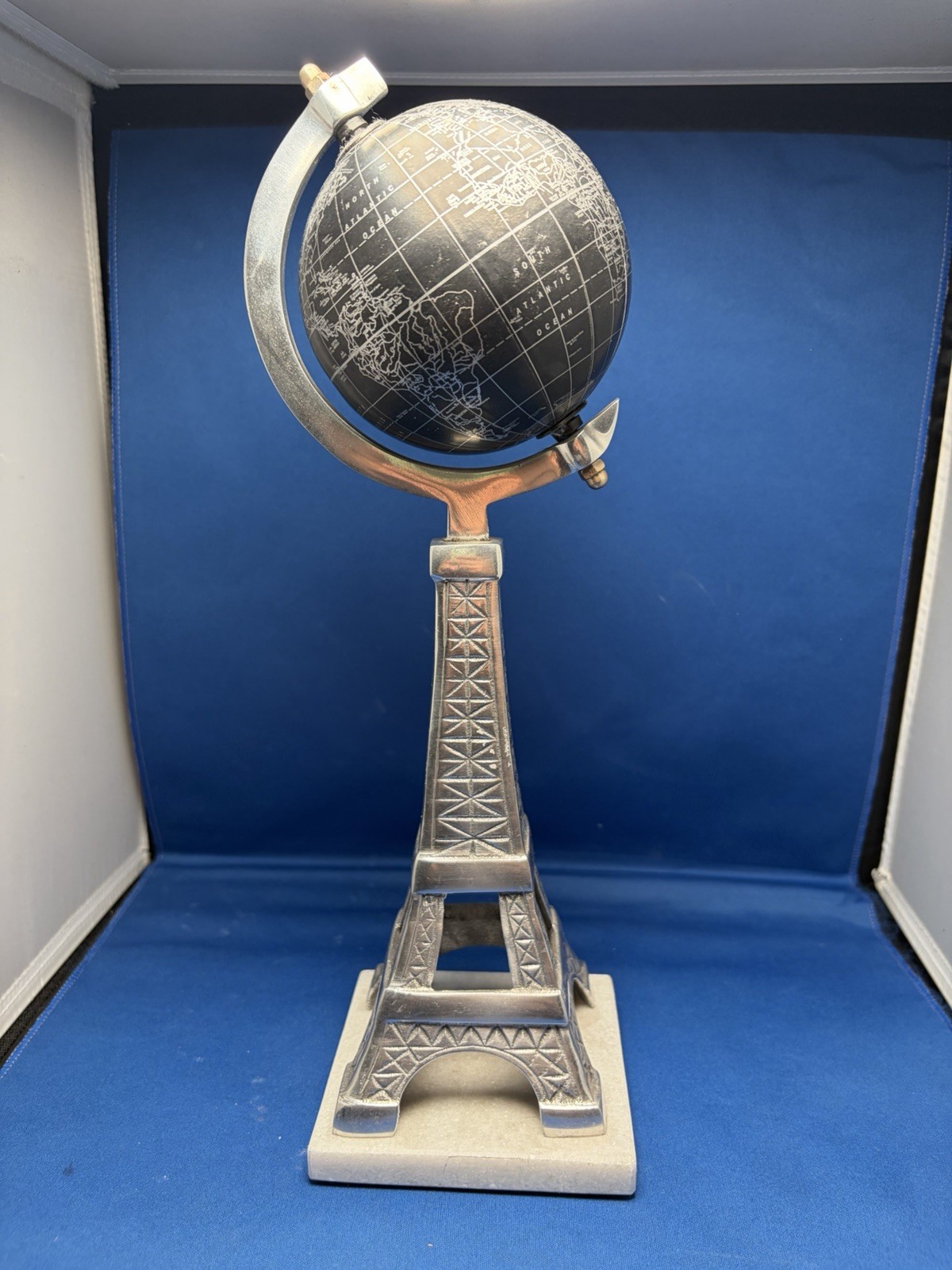 Eiffel Tower Rotating Metal Tabletop Globe, Black/Silver, 16 in, Small