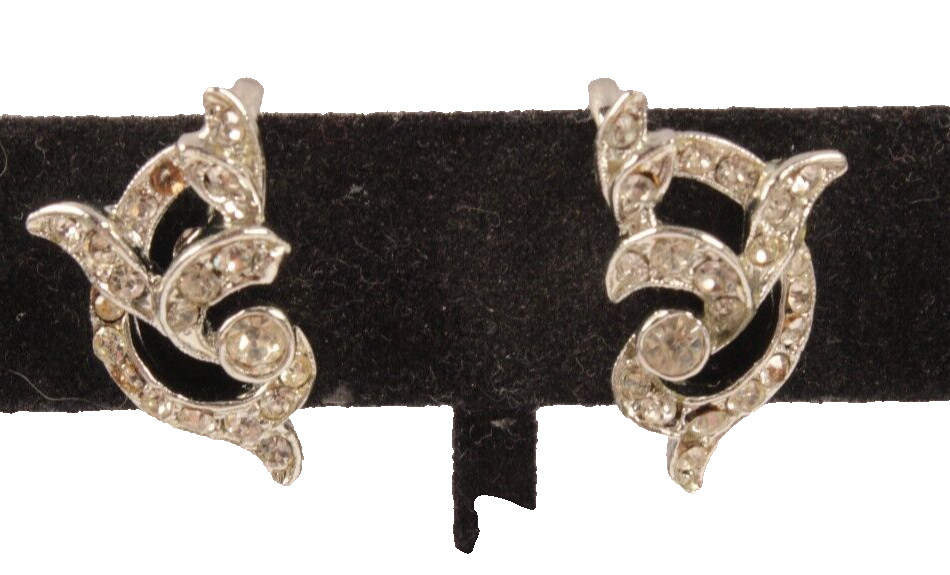 Rhinestone Clip On Earrings Rhodium Plated .5 Inch