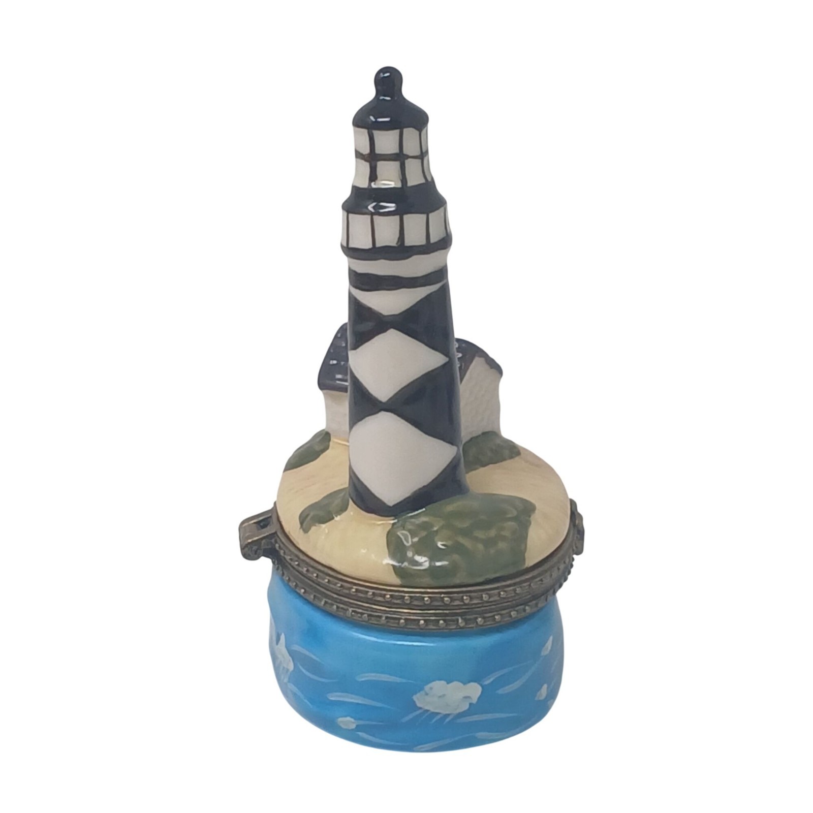 Lighthouse Porcelain Trinket Box Coastal Scene Bronzetone Hinged Closure #S-2