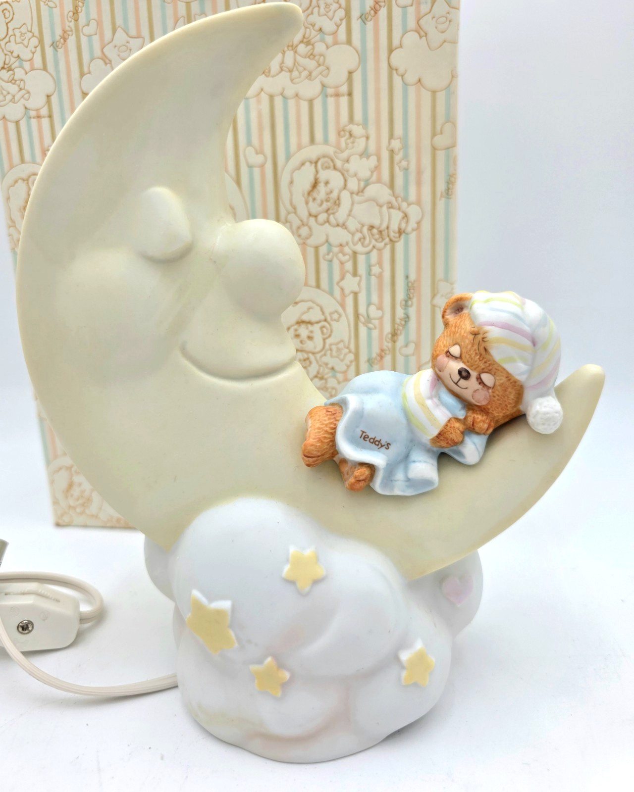 Teddy Beddy Bear Crescent Moon Night Light Enesco 1982 Nursery Decor VTG Box