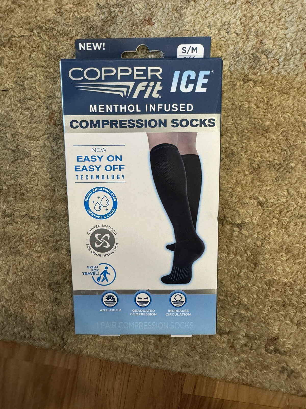 Copper Fit ICE S/M Mens 6-9 Womens 7-10 Black Menthol Infused Compression Socks