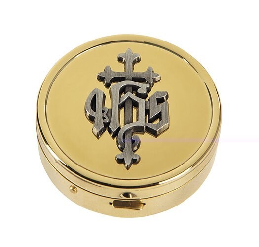 Solid Brass IHS Pyx with Burse Holds 10 Communion Hosts