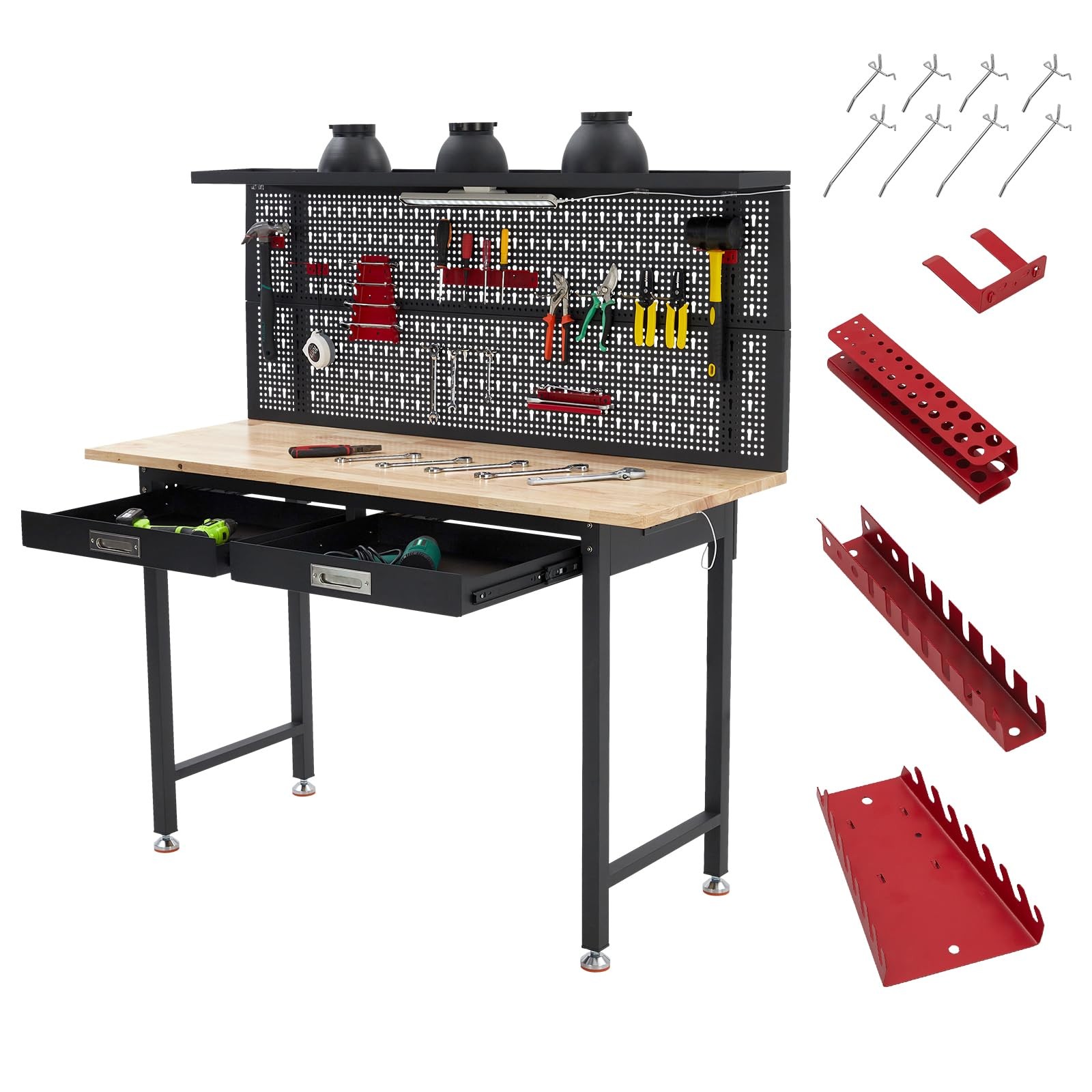 60" Adjustable Heavy Duty Workbench 2000 LBS Work Table with 2 Drawers LED Light