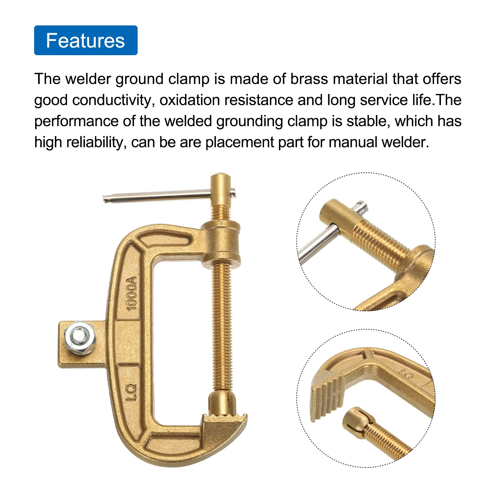1000A Brass G-shape Ground Welding Earth C-Clamp T-Handle Clamping Range 73mm