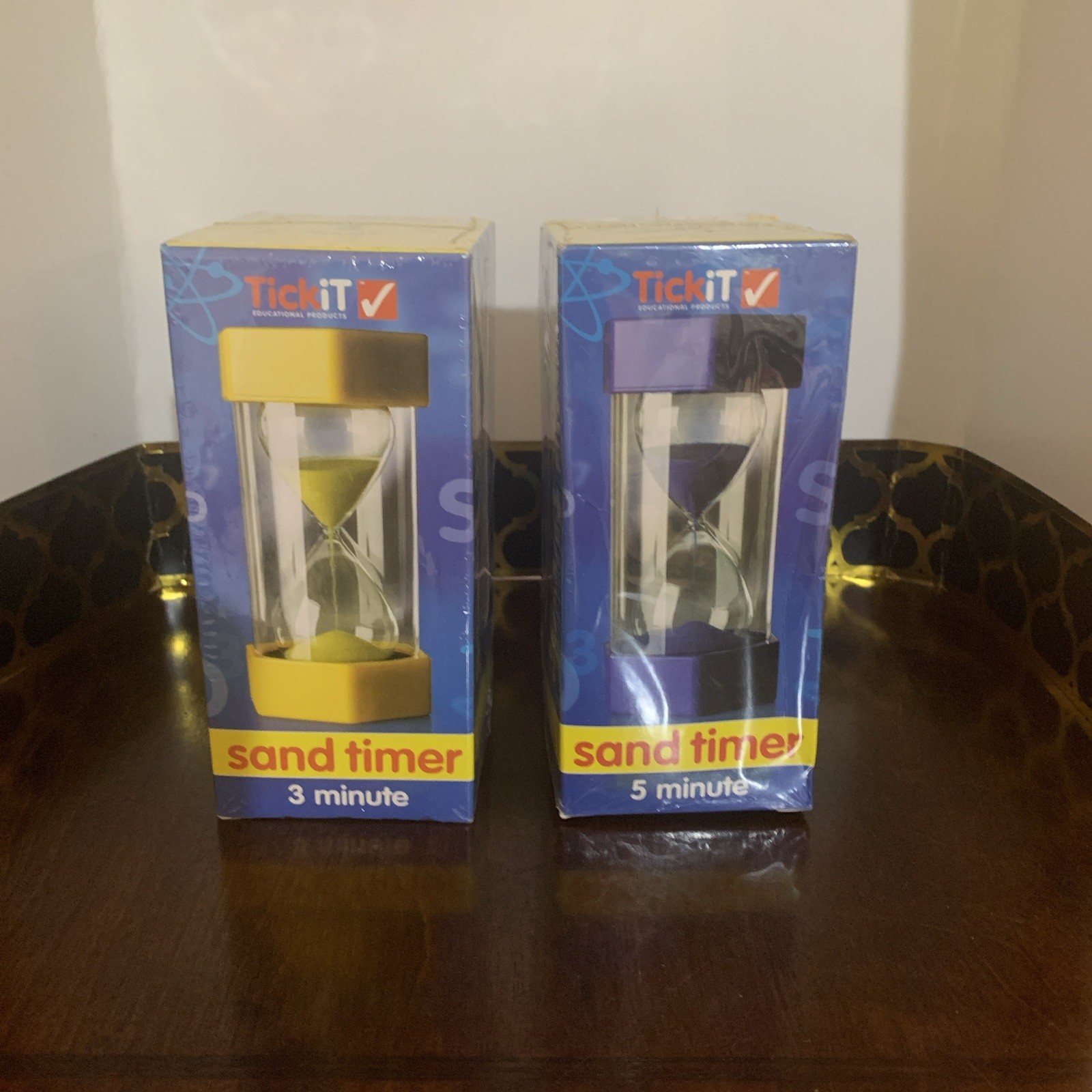 TICK IT-5 Minute (Blue) and 3 Minute (Yellow) 6” Sand Timers-BRAND NEW IN BOX