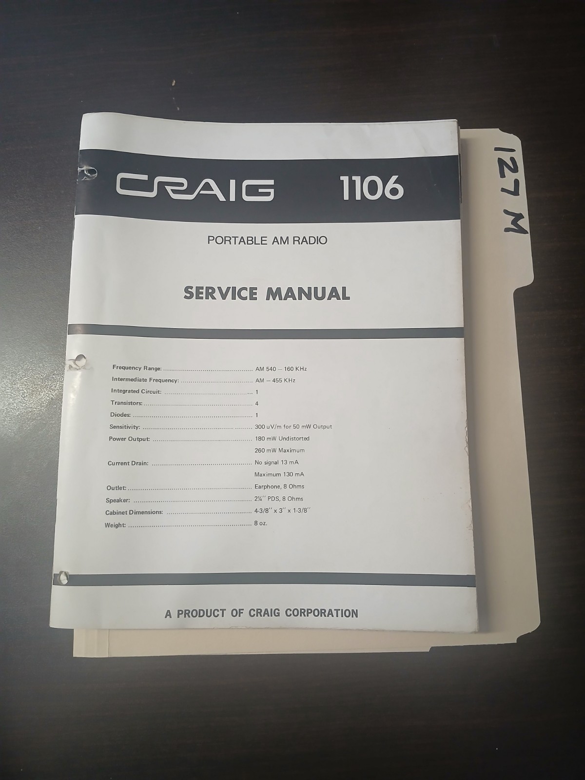 Craig 1106 Service Manual Original Repair Book Portable AM Radio