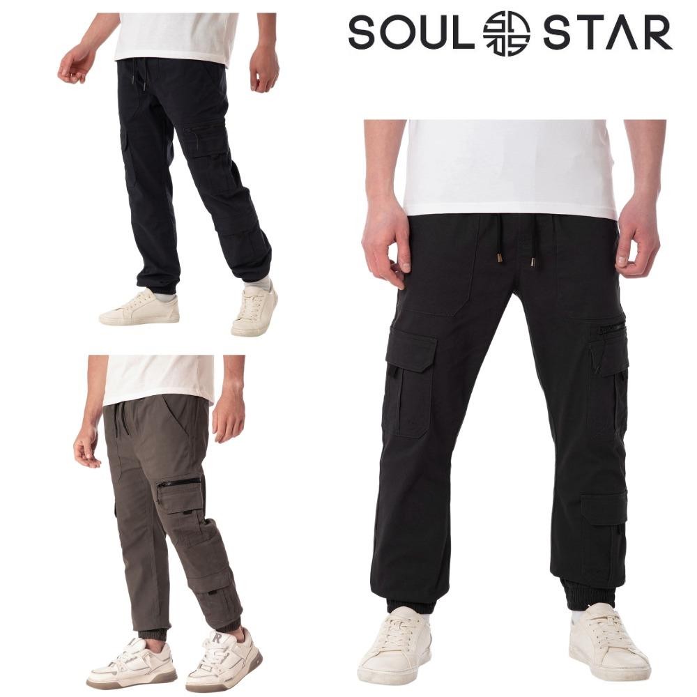 Soul Star Mens Cuffed Cargo Trousers, Casual Utility Pant with Multiple Pockets