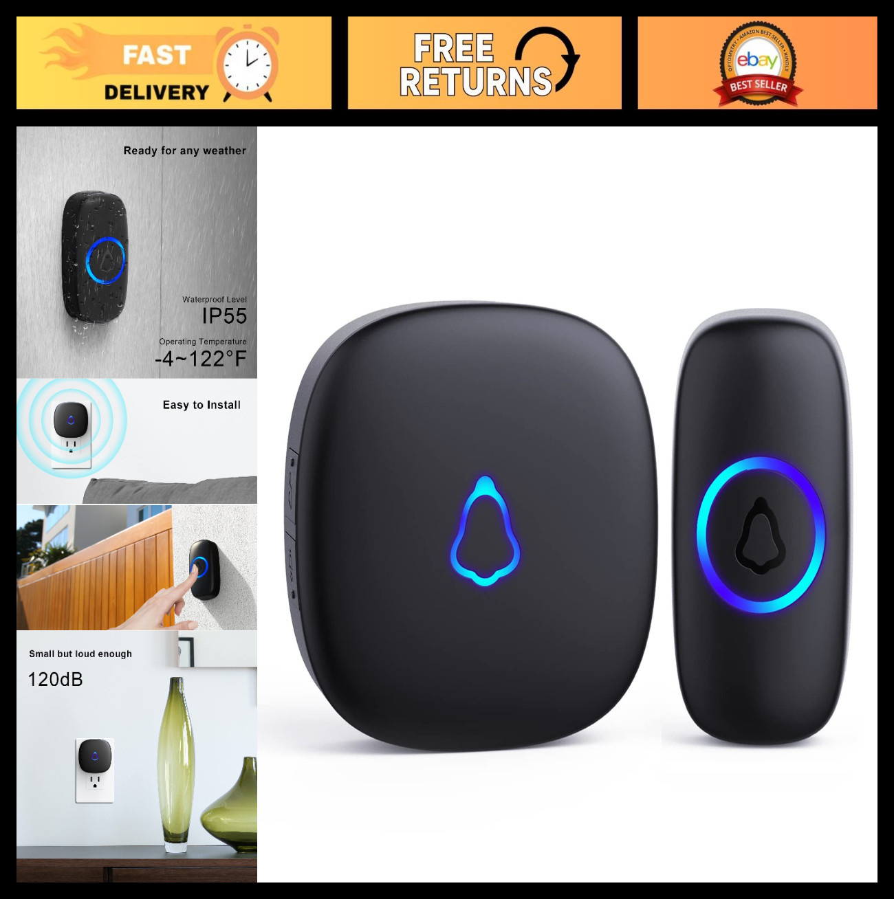 Wireless Doorbell - Easy Install, Waterproof, Adjustable Volume, 58 Chimes, 1000