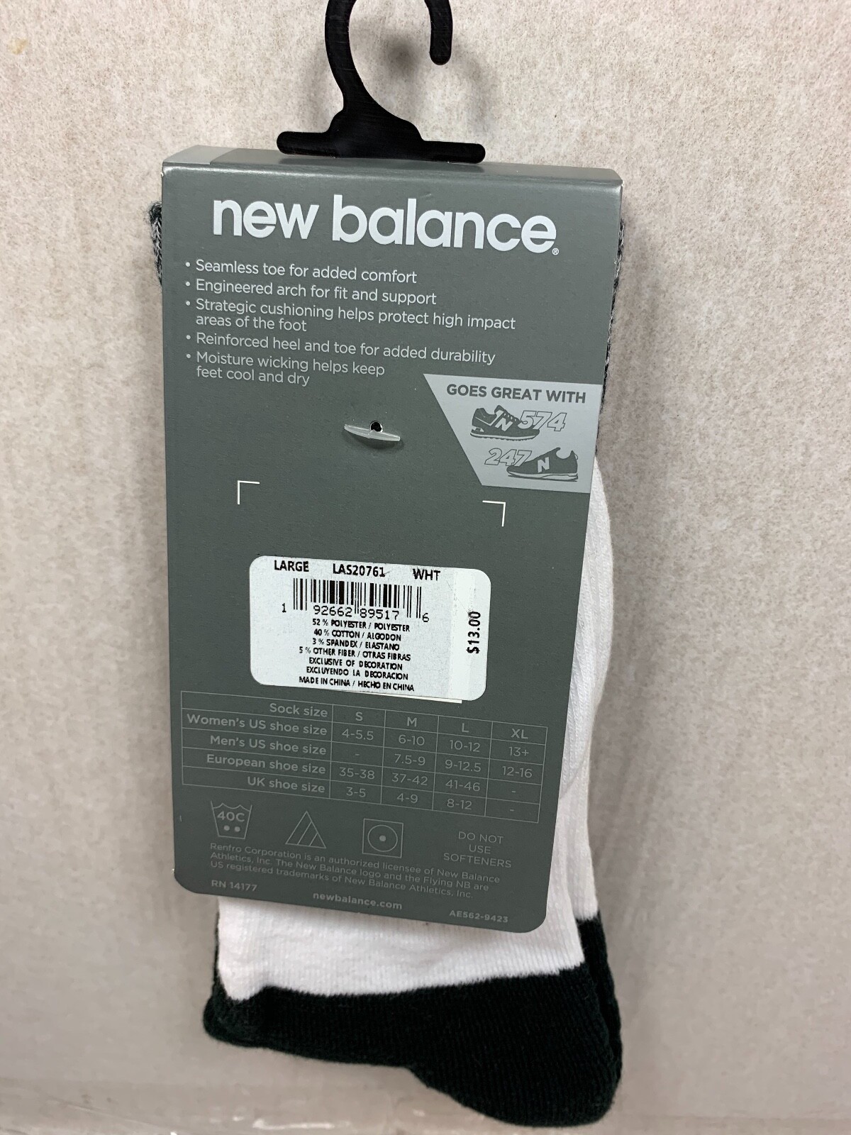 ONE PAIR NEW MENS NEW BALANCE LIFESTYLE CREW SOCKS SIZE LARGE MSRP $13.00