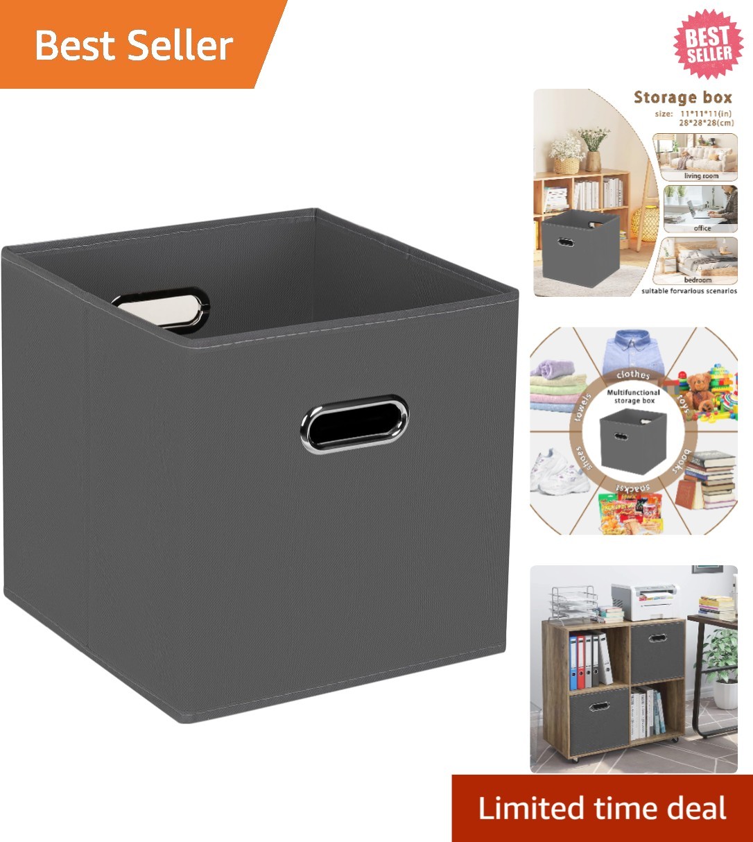 Space-Saving Grey Fabric Bins - Multi-Purpose 11x11x11 Containers with Handles
