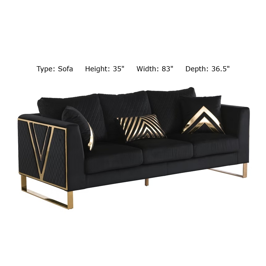NEW 3PC Black Gold Sofa Loveseat Chair Contemporary Luxe Glam Velvet Living Room
