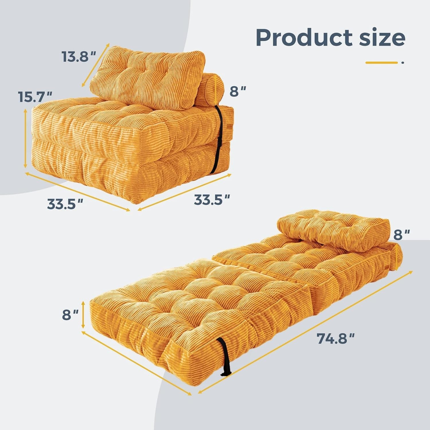 Convertible Sofa Bed Single Size Foldable Couch with Pillow Orange