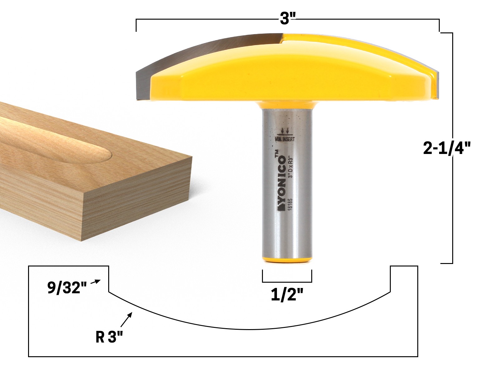 3" Radius Horizontal Crown Router Bit - 1/2" Shank - Yonico 16185