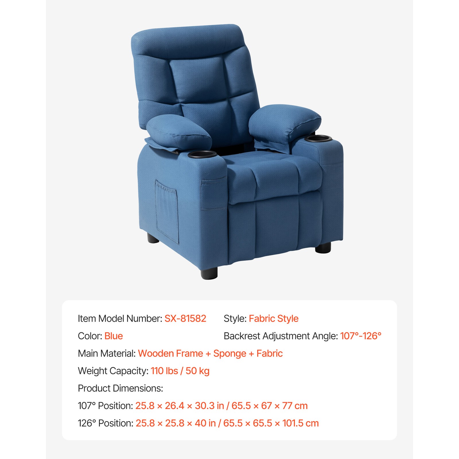 Kids Reclining Chair Toddler Recliner with Cup Holders and Pockets (Blue)