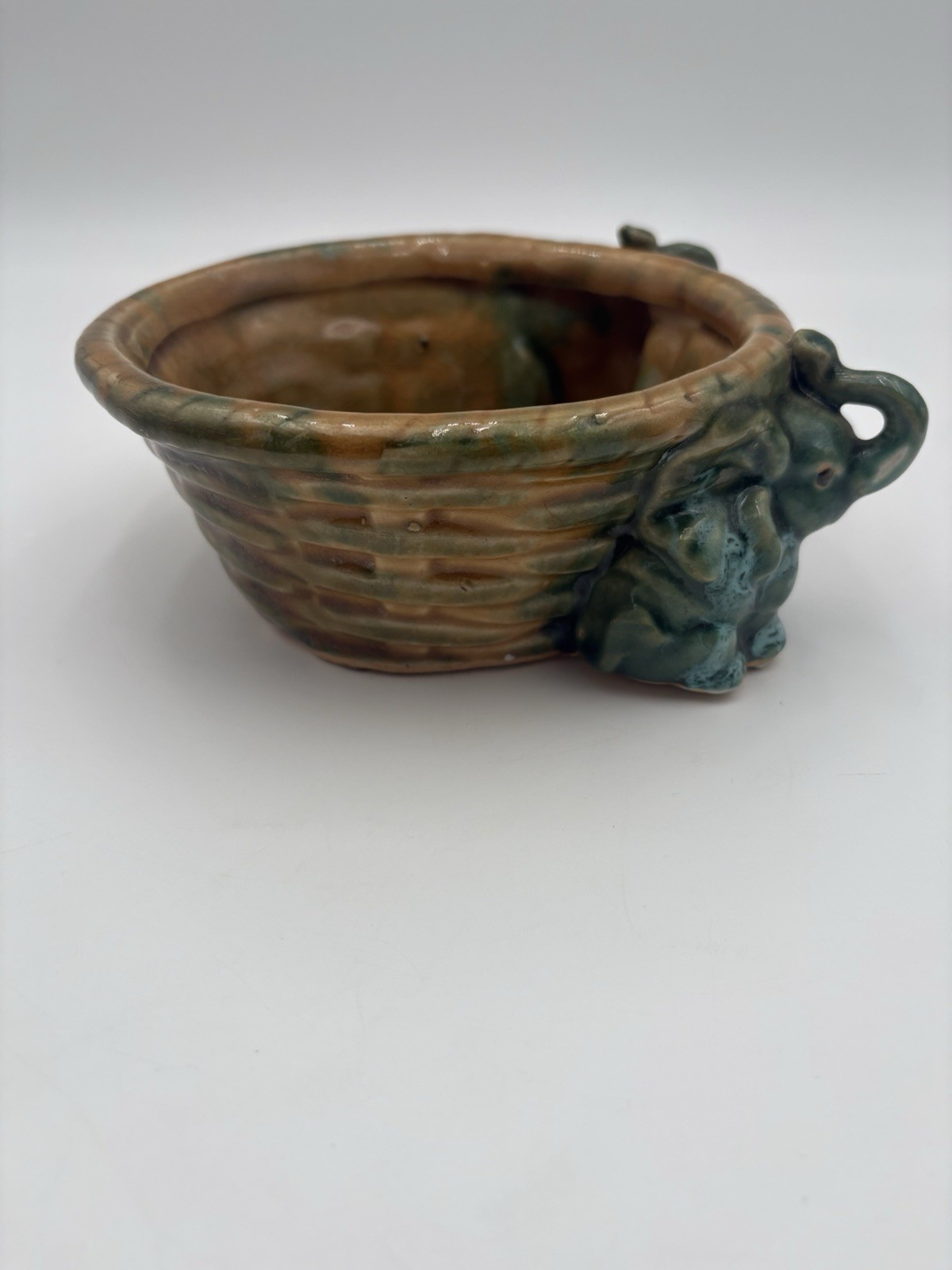 Majolica Style Ceramic Trunks Up Elephant Planter