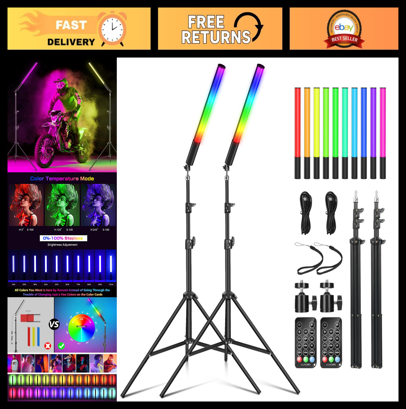 2 Pack RGB LED Light Wand Kit with Tripod & Remote - Dimmable 36 Colors, 2500K-6