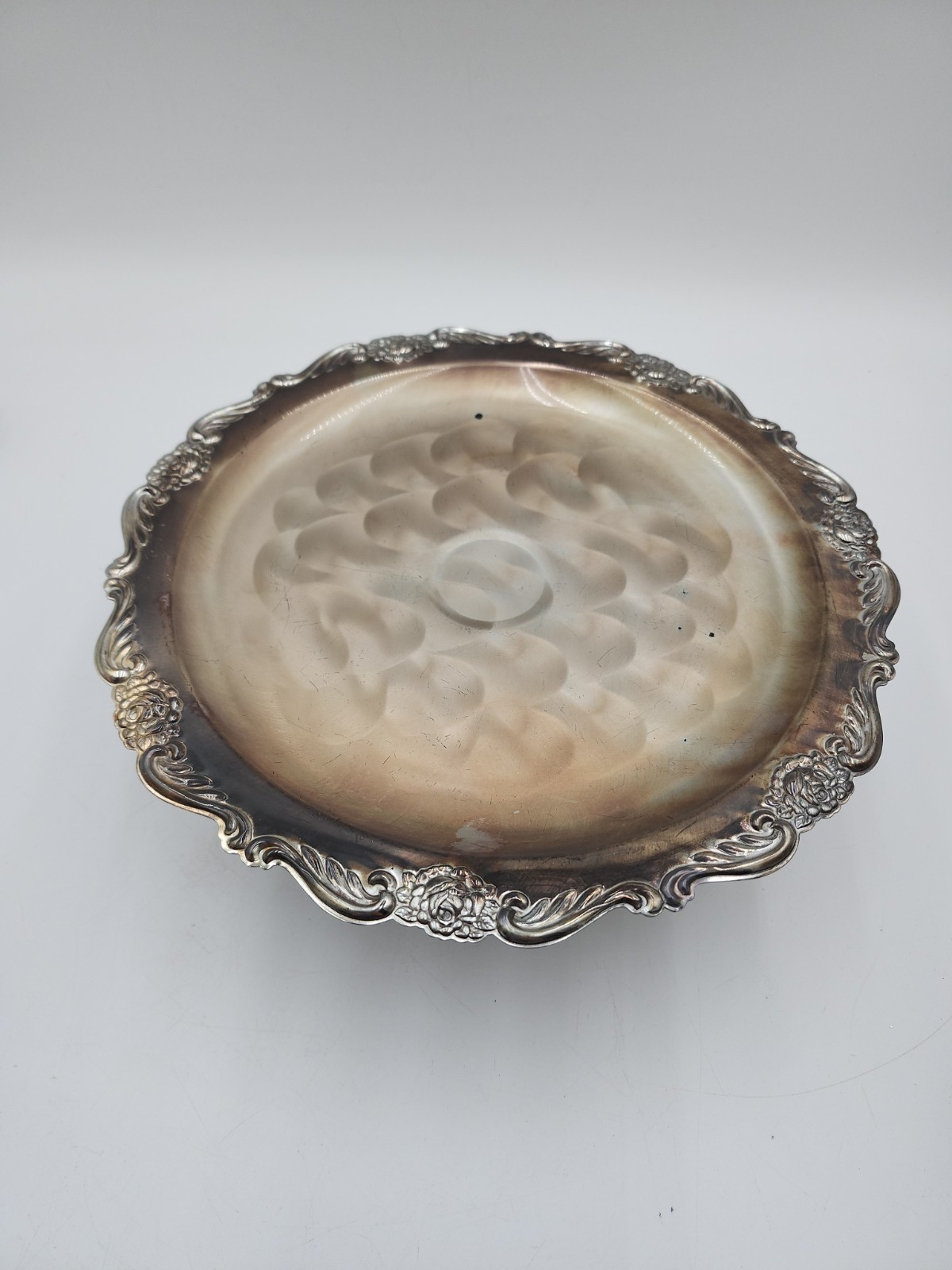11.5" Japan Silver Silver Plated Pearlized scale  cake plate roses flowers