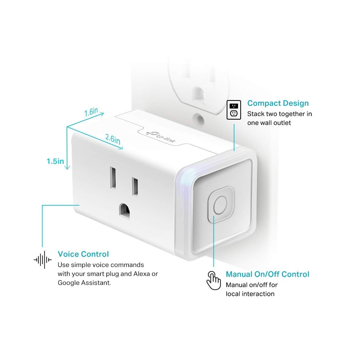 Hands-Free Smart Wi-Fi Plug - Works with Alexa & Google, Remote Control, 2-Pack