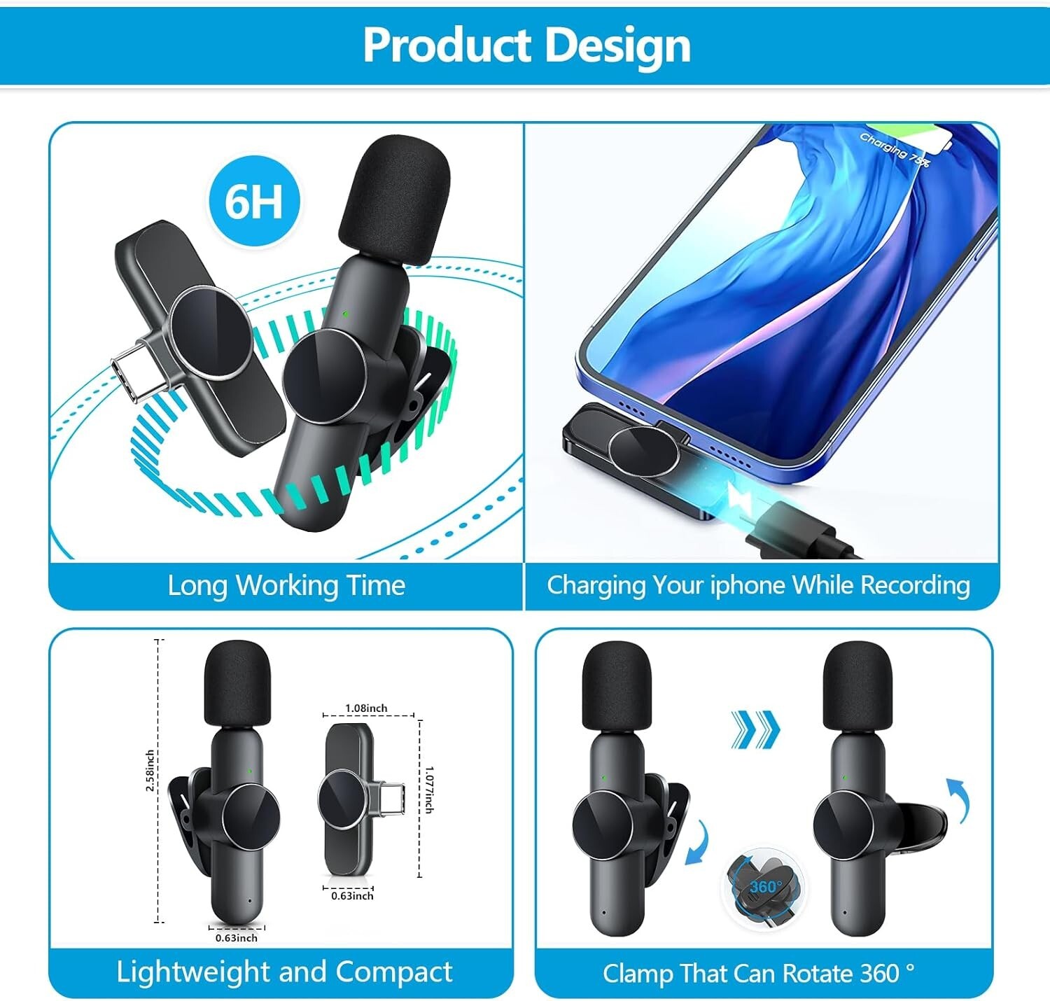 2 Pack Mini Wireless Microphone Type C for Android Phone USB C for Android/Apple