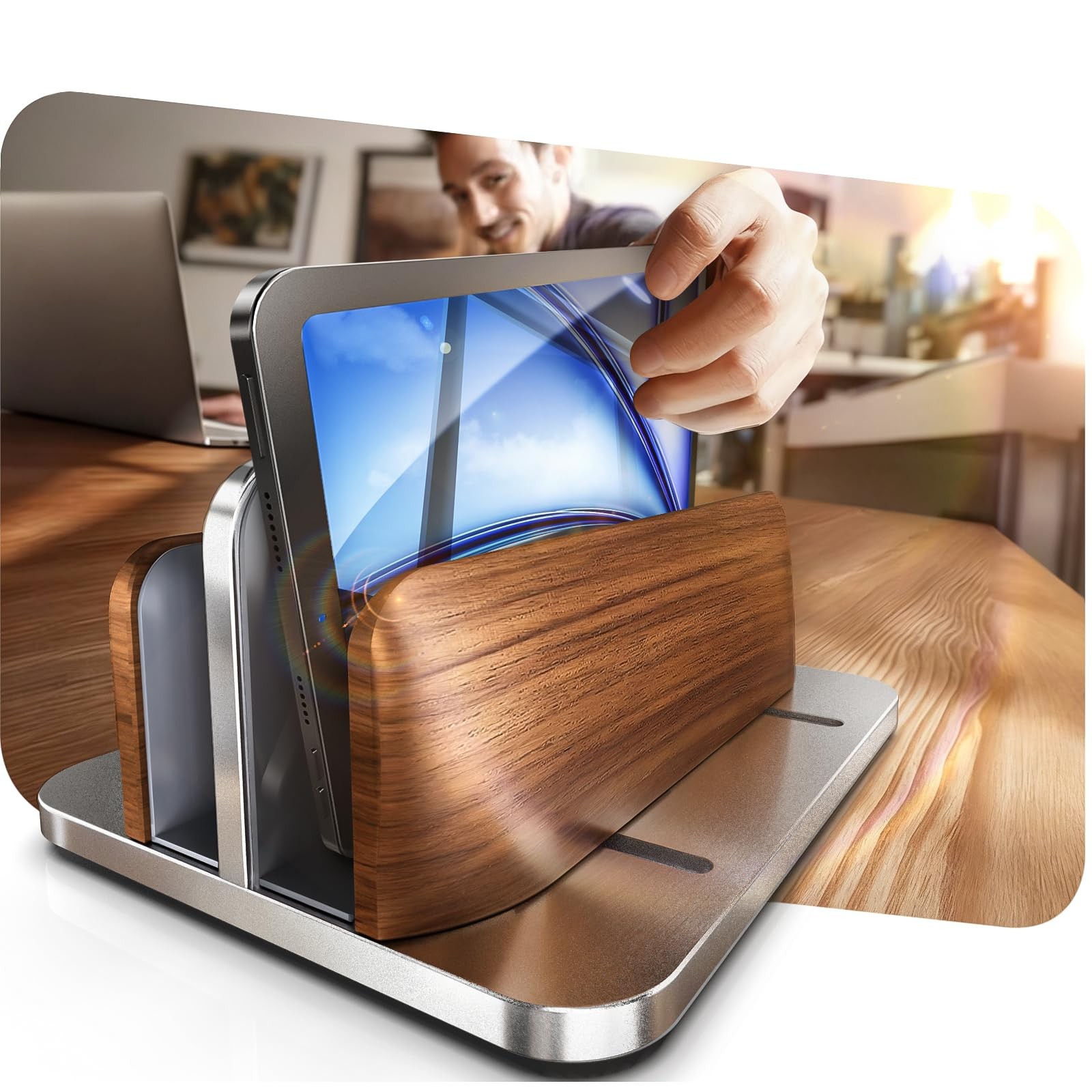LOXP 2026 Upgraded Aluminum Vertical Laptop Stand Black Cedar Wood Dual-Slot Des
