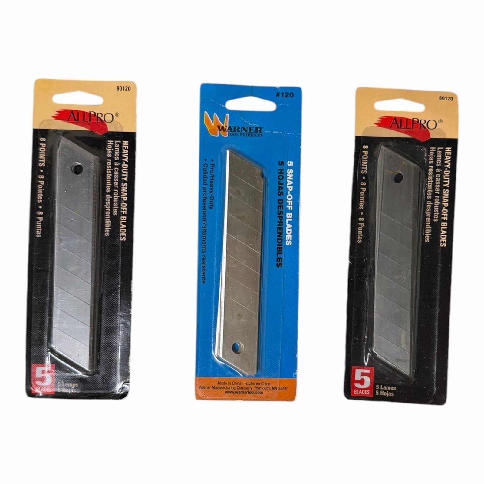 3ALLPRO 80120 Snap-Off Utility Knife Blades, 5 Steel Blades, 8 Points, Silver