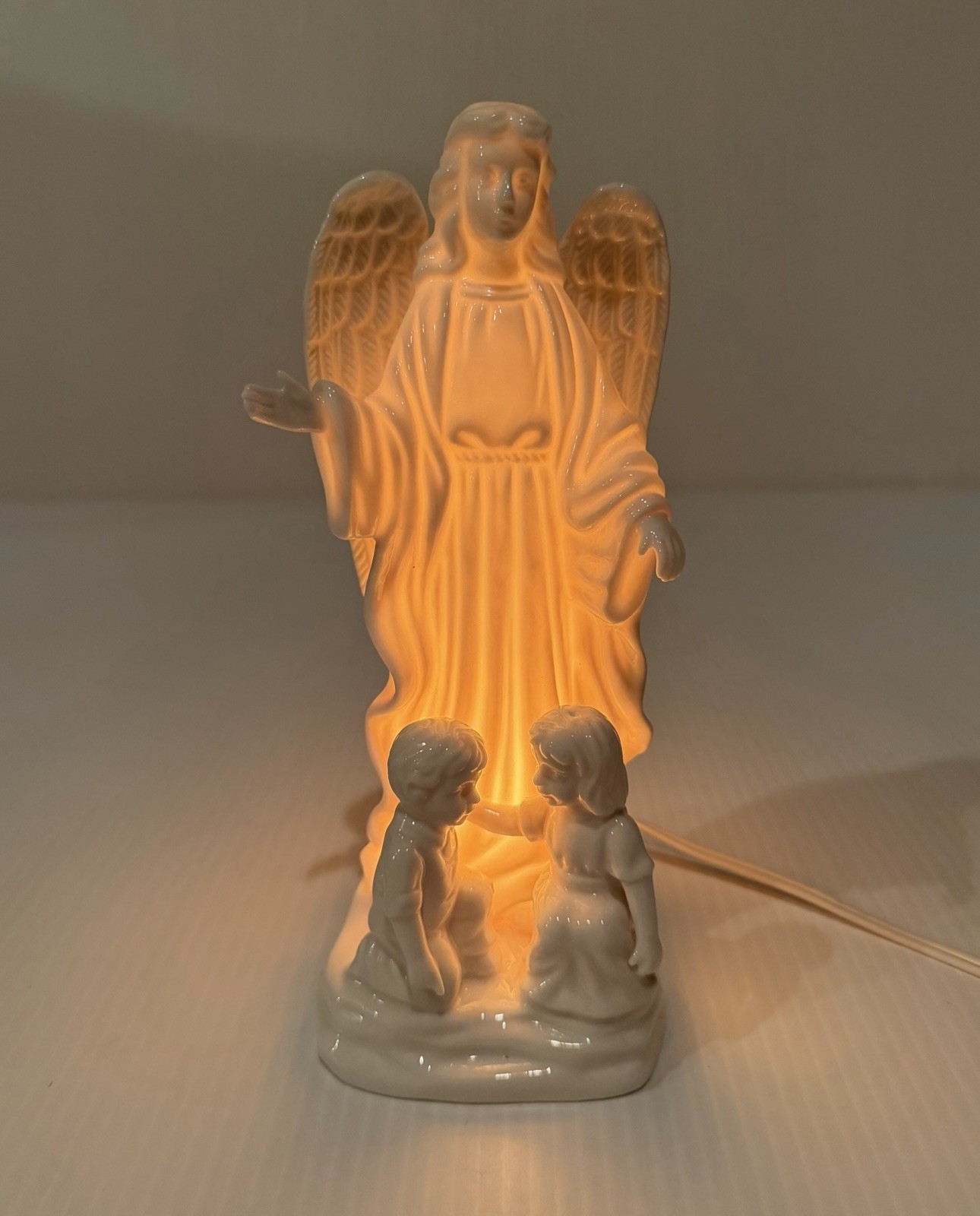 Vintage Guardian Angel and Children White Ceramic Night Light Lamp 9” Tall