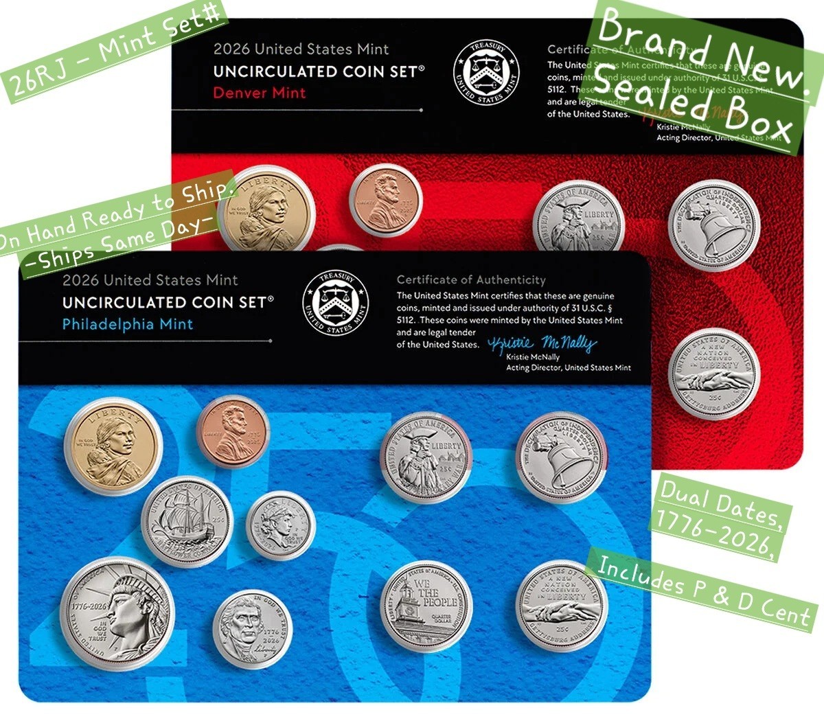 2026 P & D Uncirculated Coin Set With Dual Date Cent, Sealed Box, On Hand. 26RJ