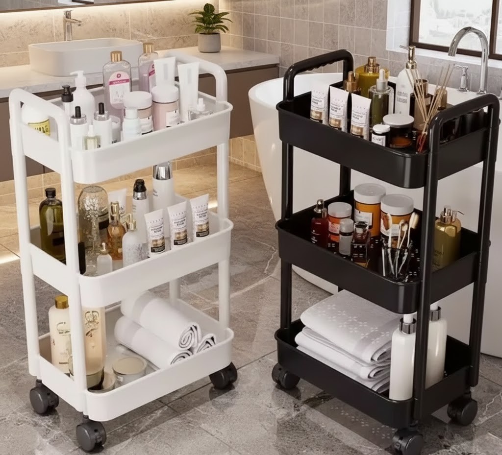 Rolling Storage Cart Mesh Basket Trolley Rack for Kitchen Office Bathroom