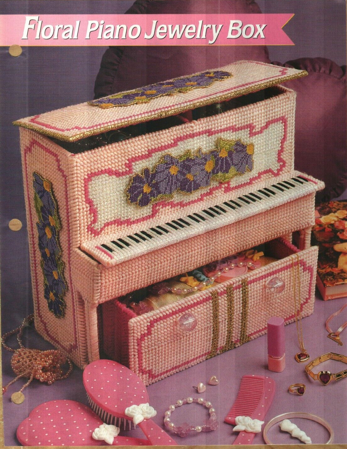 FLORAL PIANO JEWELRY BOX FASHION DOLL ANNIES PLASTIC CANVAS PATTERN INSTRUCTIONS