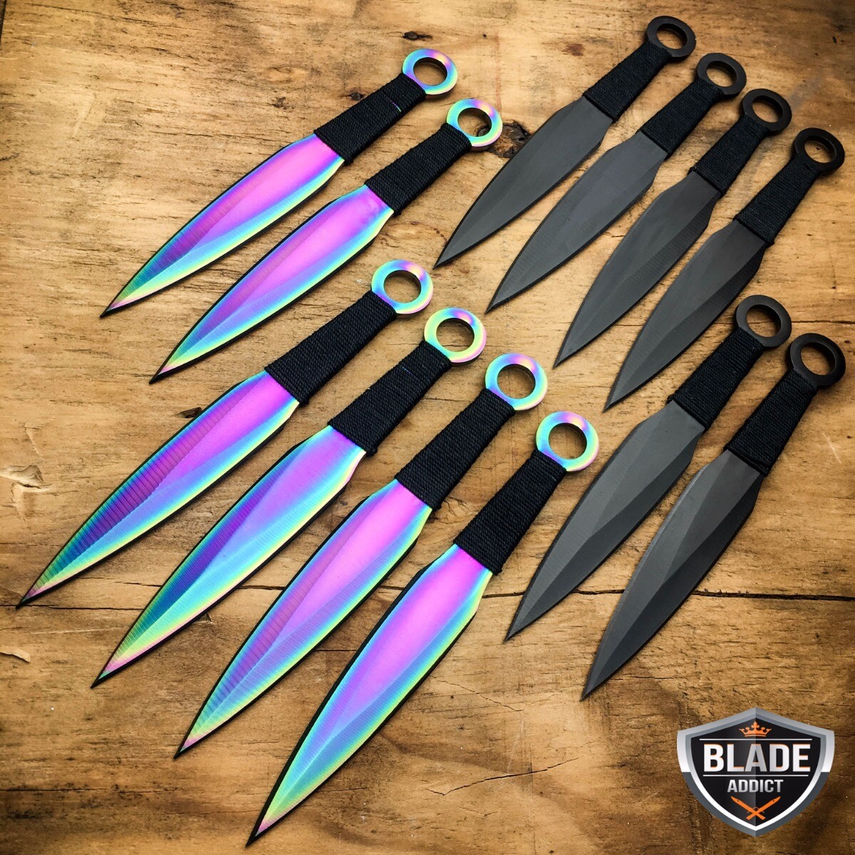 12PC 6" Ninja Hunting Rainbow Black Tactical Ninjutsu Kunai Throwing Knife Set