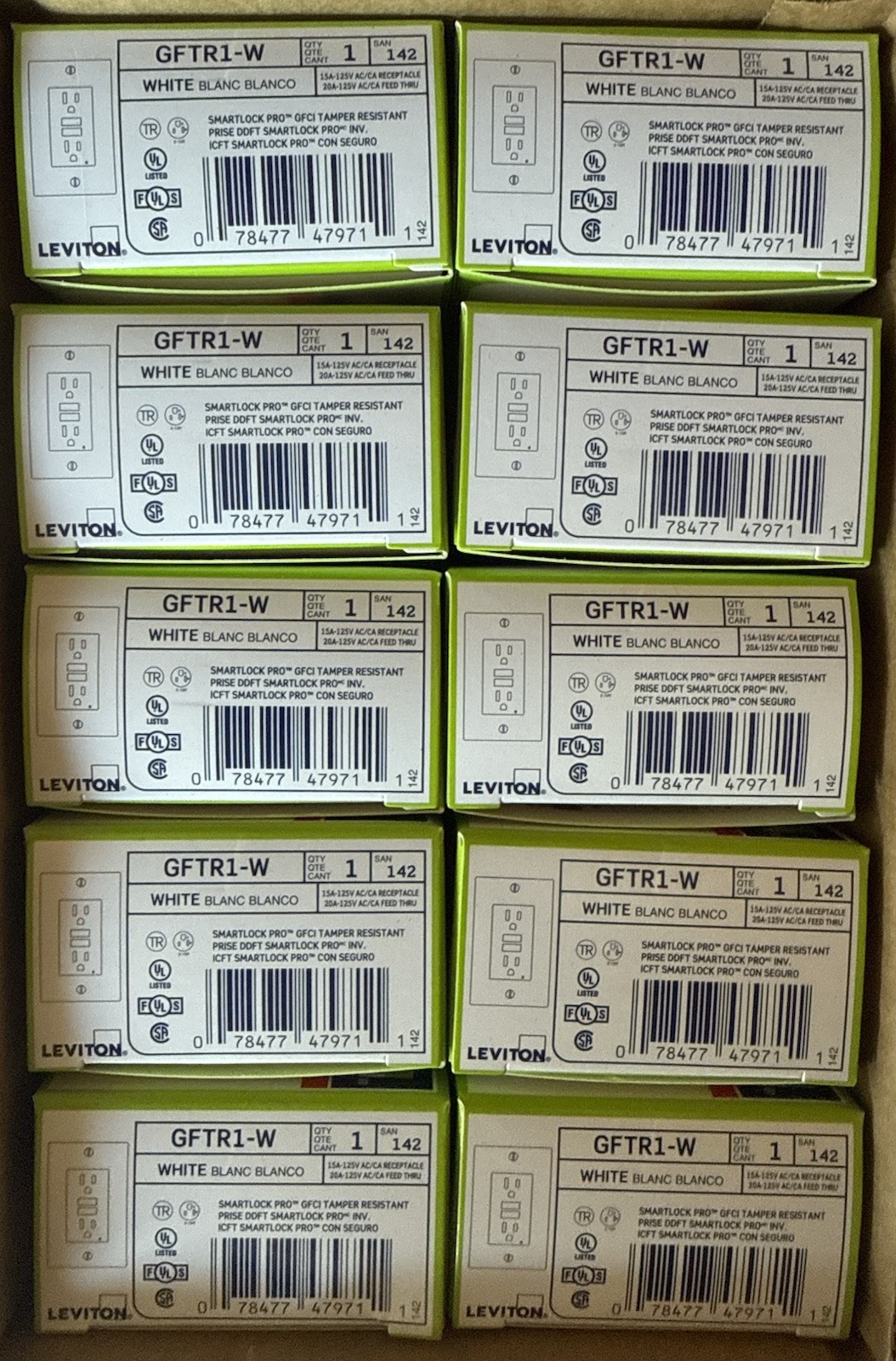 10 PCS Leviton GFTR1-W - 15A 125V GFCI Outlet - White - Cover Plate Included