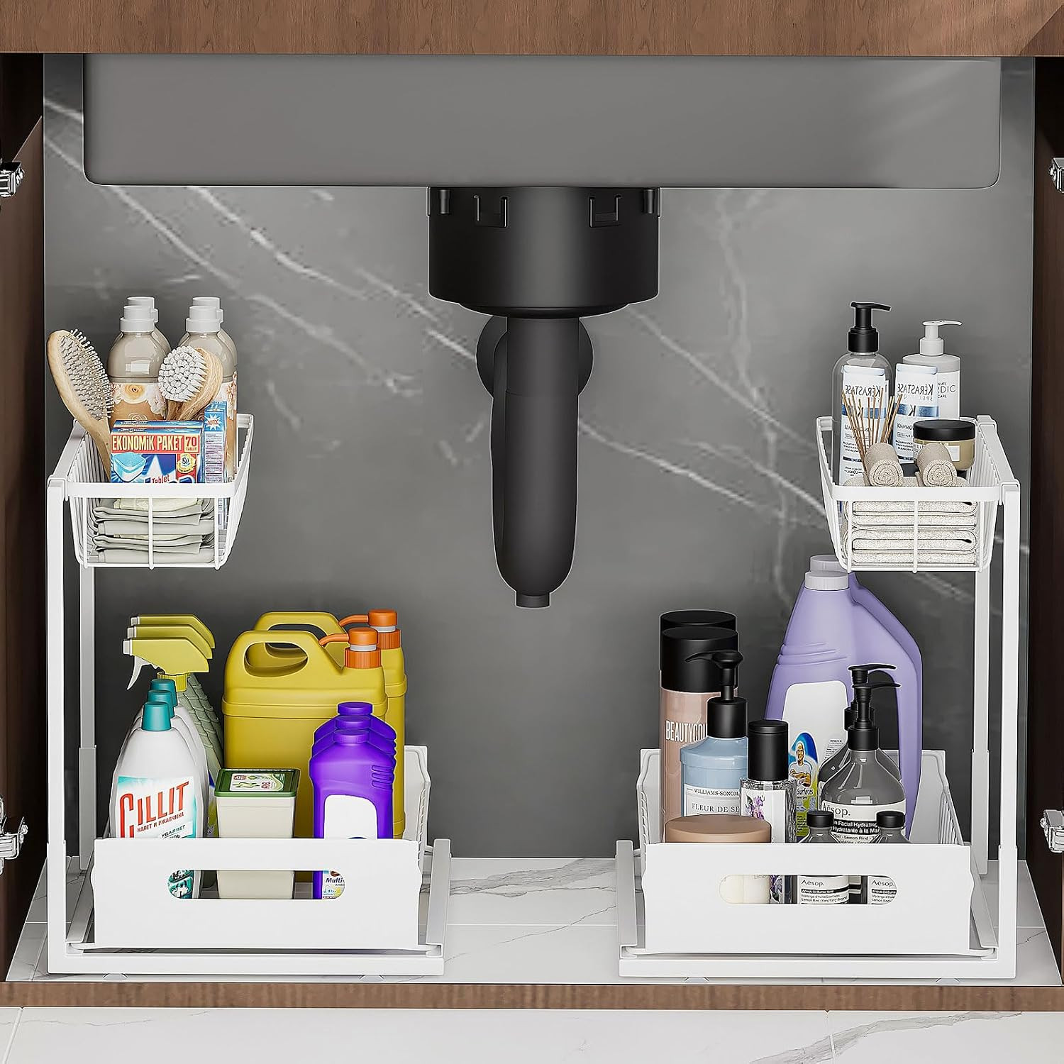 Slide Out under Sink Organizers and Storage, White, 2 Pack | 2 Tier, Sturdy Meta