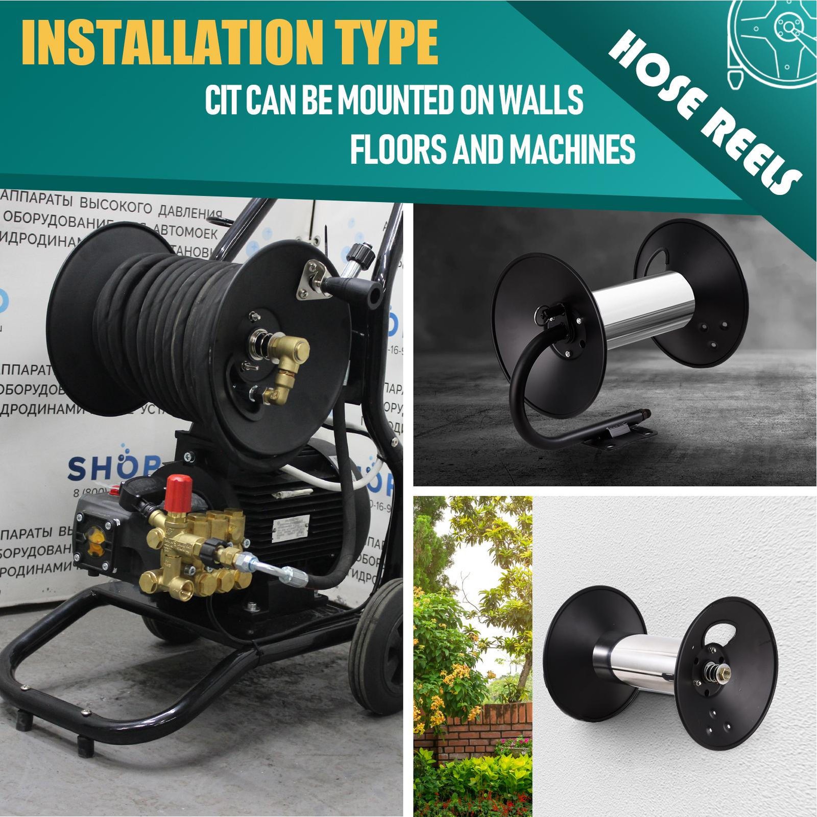 High Pressure Washer Hose Reel 100ft, Heavy Duty Steel Hose Reel, Manual Crank-