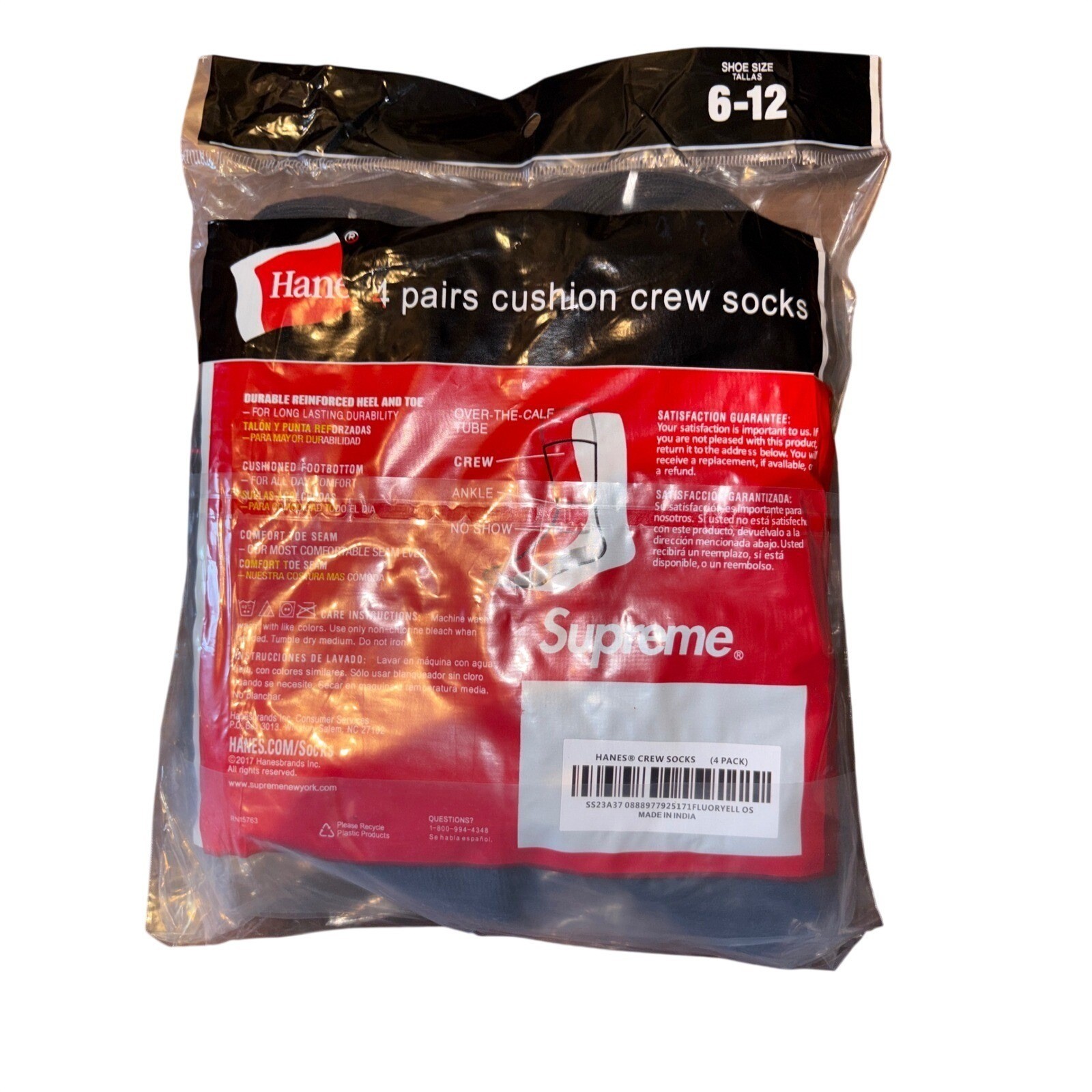 Supreme Hanes Black Crew Socks 4 Pair Package 6-12 (See DMG Pic) FREE SHIPPING