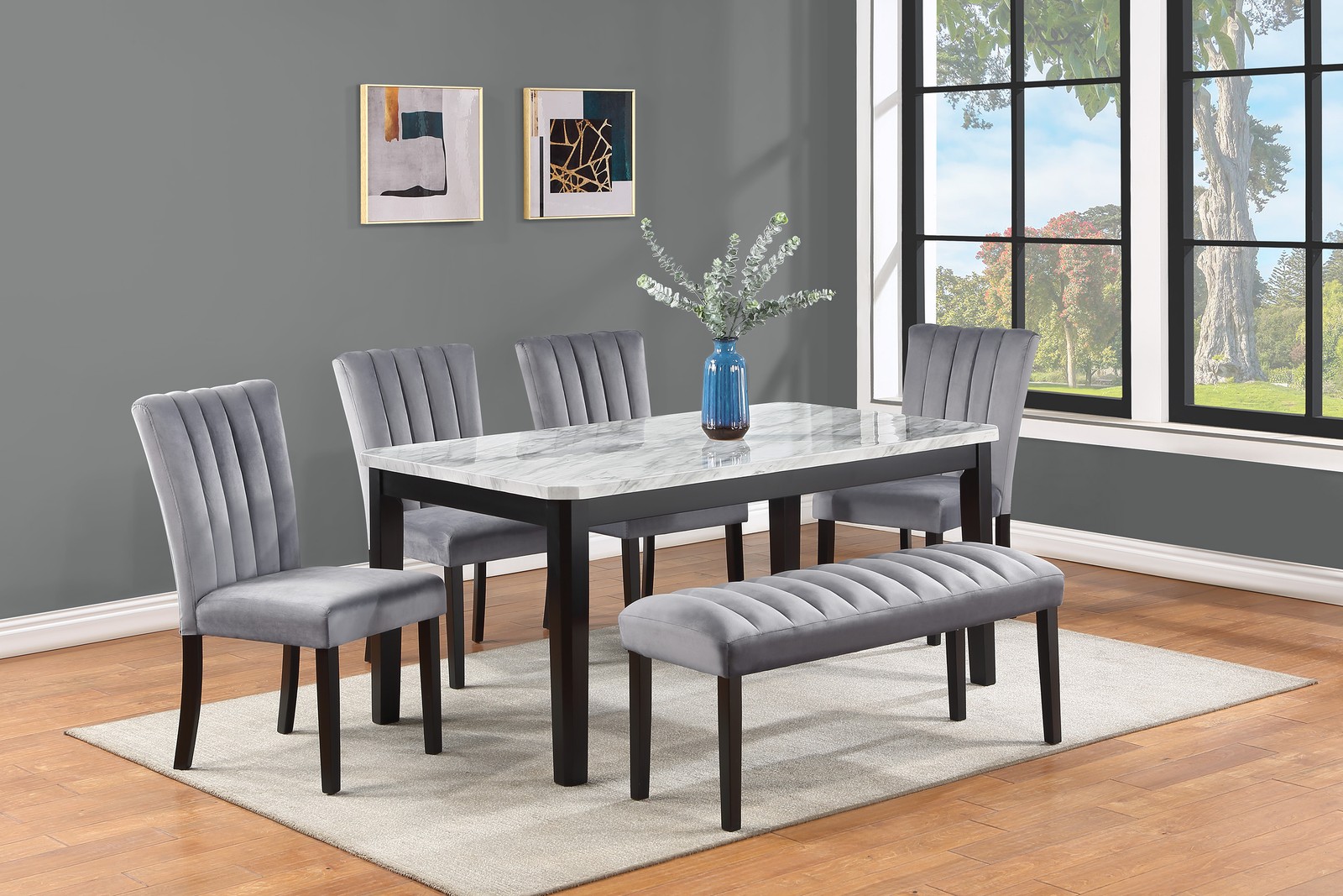 6 modern dining tables, rectangular table + chairs + grooved stools, solid wood