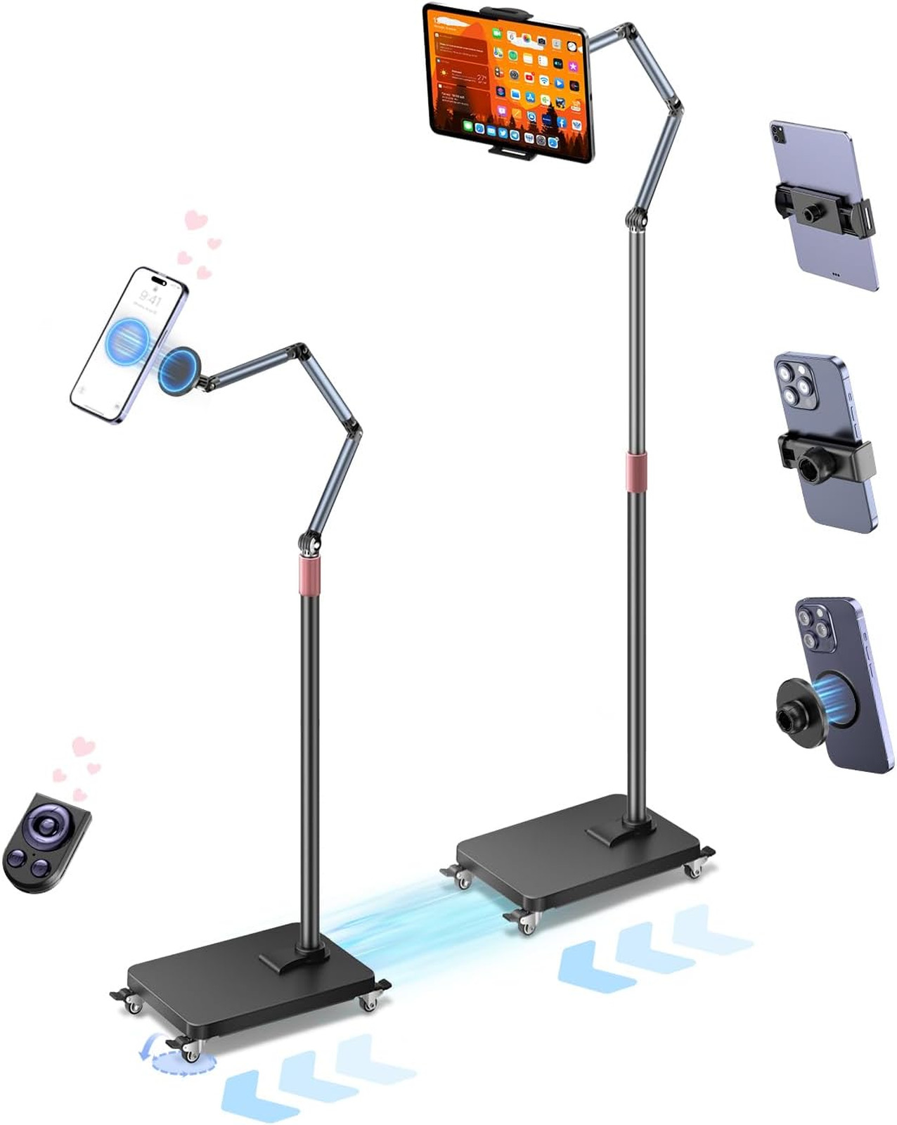 Rolling Tablet Floor Stand with Wheels, Adjustable Aluminum Arm, 360° Rotation