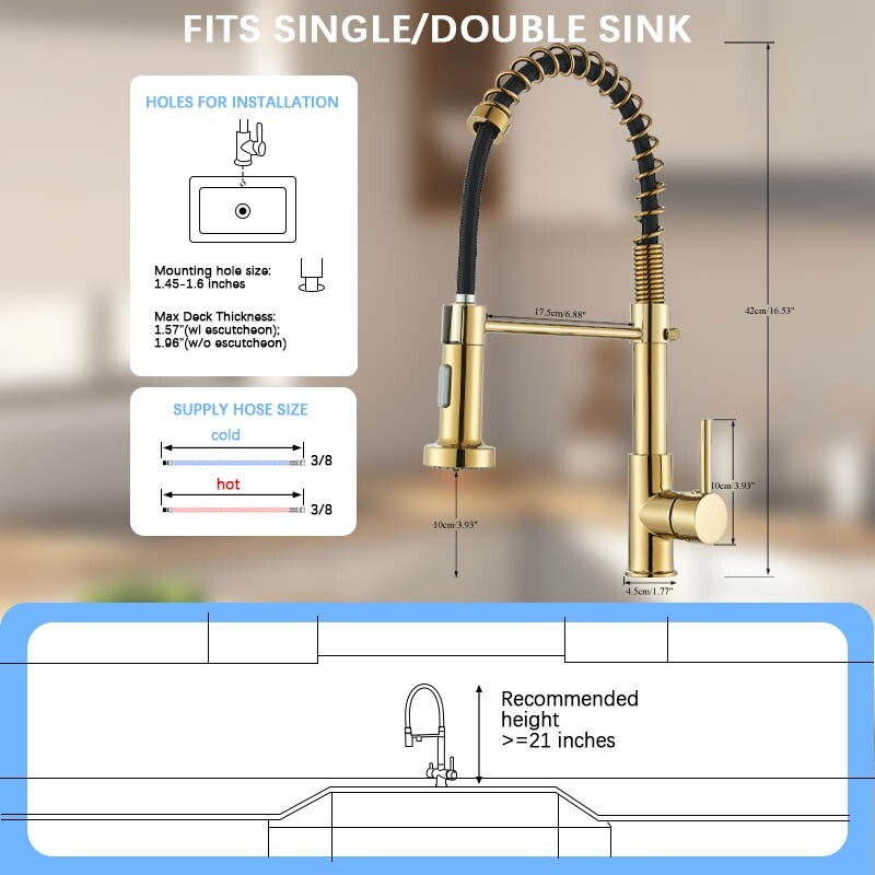 Brushed Gold Kitchen Faucet with Pull Down Sprayer Single Handle Spring Faucet