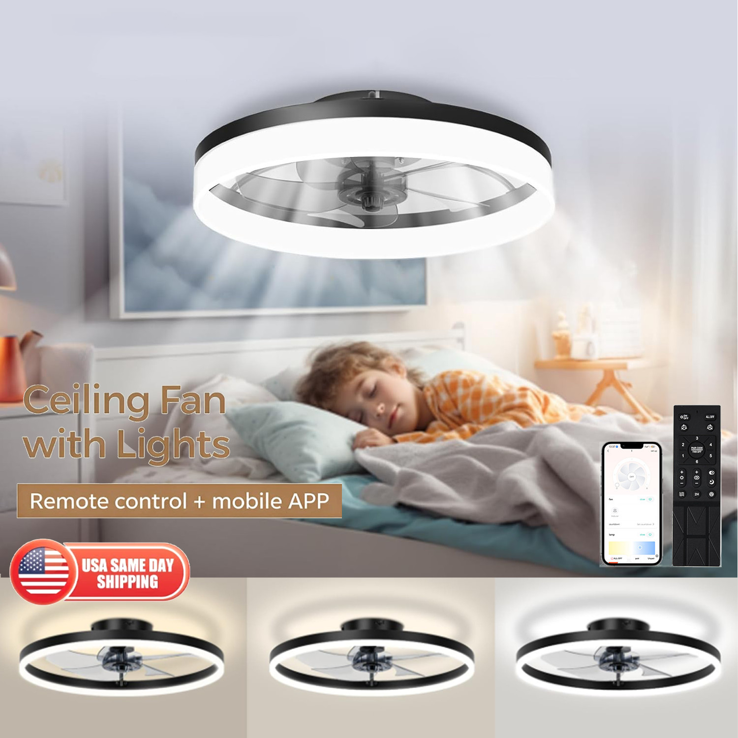 20" Modern Fan Lights Flush Mount LED Ceiling Light kit With Remote APP Control
