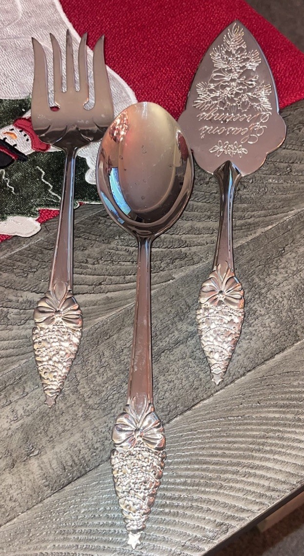 Silver Plate Seasons Greetings Pie Server 11 1/2" & Serving Fork 11 1/4" & Spoon