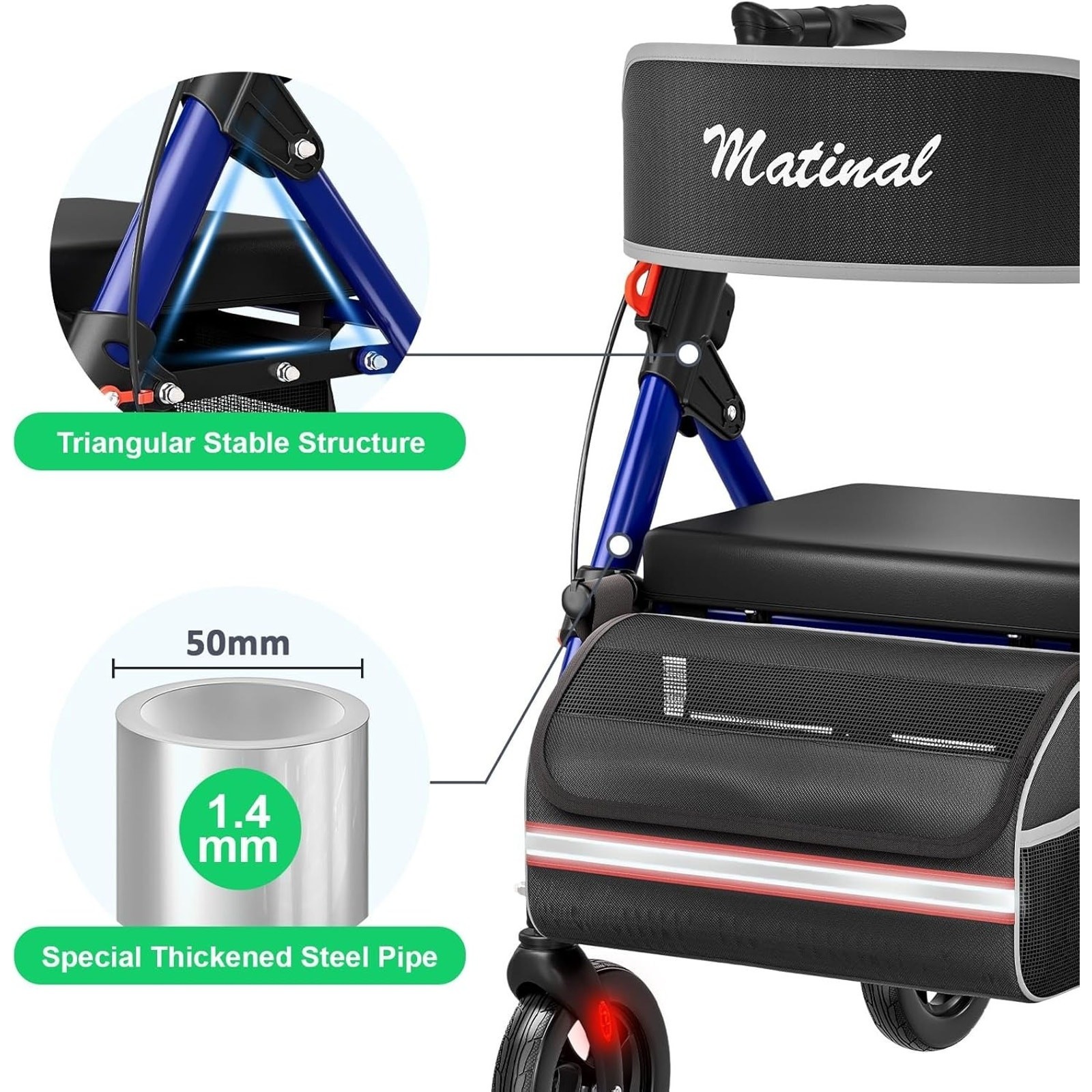 Matinal Rollator Walker Seat Adjustable Storage Bag Blue 8" Wheels