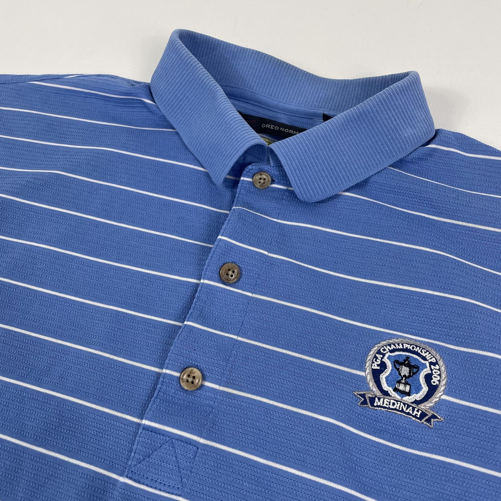 PGA Championship Medinah 2006 Shirt Mens XL Blue Stripe Golf Polo Greg Norman