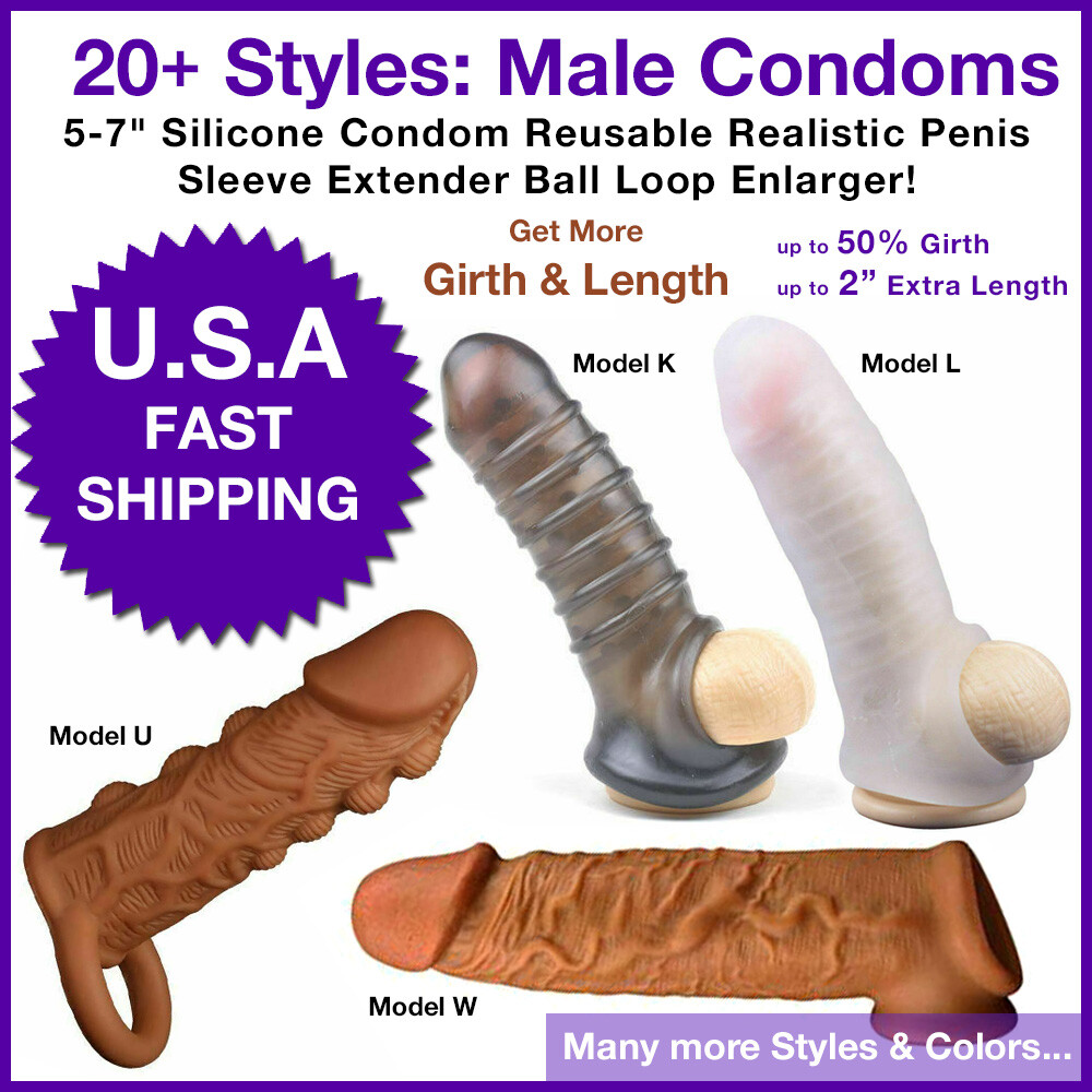 Silicone Condom Reusable Realistic Penis Sleeve Extender w/ Ball Loop Enlarger