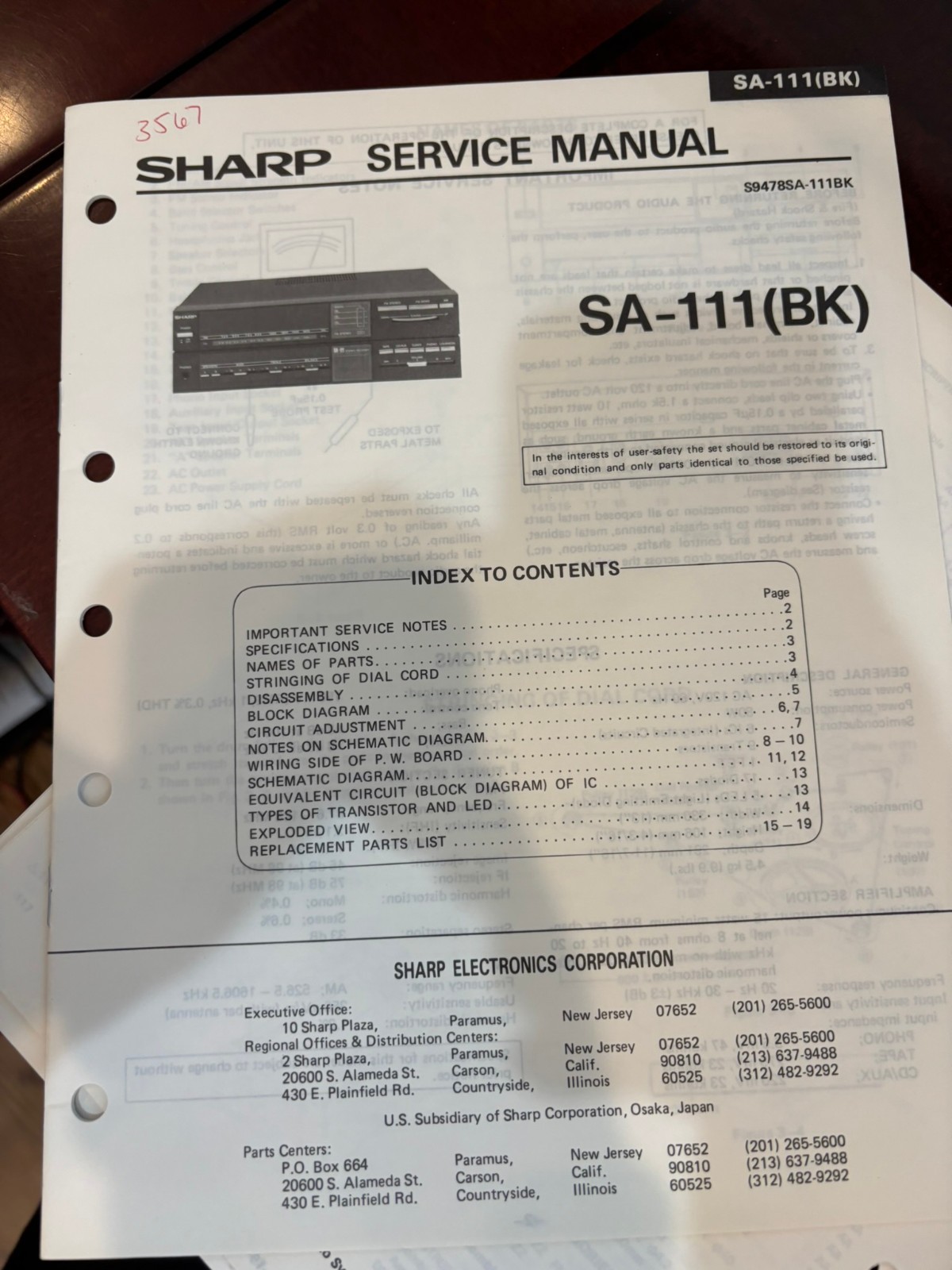 ORIG. SHARP SA-111 SA-111(BK) SA111 BK Repair & Service Manual *ORIGINAL**