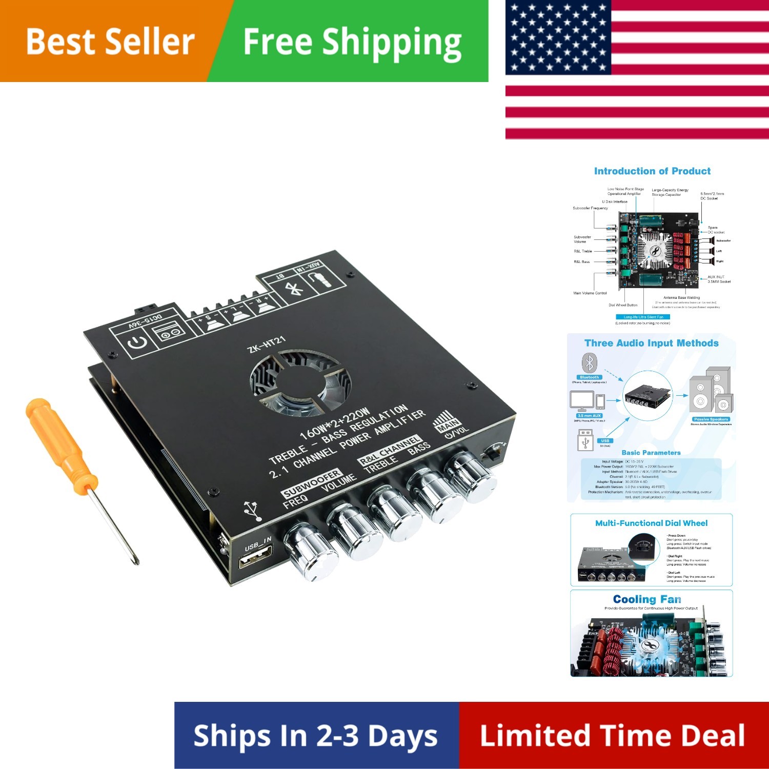 ZK-HT21 Bluetooth Amplifier Board 160W×2+220W Subwoofer 2.1 Channel Audio Rec...