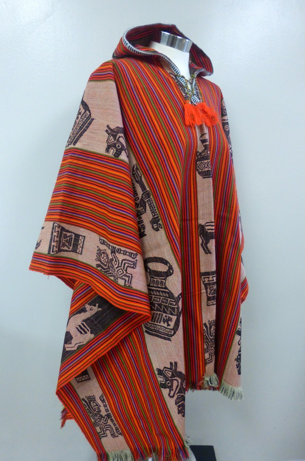 Andean Shamans Hooded Orange Tones with Colored Designs Poncho